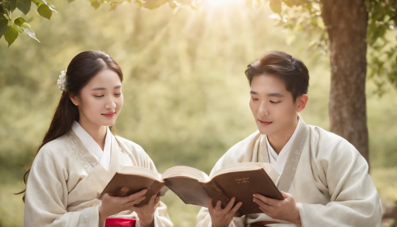 (Best Quality,Ultra-detailed,realisitic:1.37),portrait of a,Korean men and women reading the Bible,Oil Painting,Traditional Korean Costume,Peaceful garden scene,Soft sunlight,tranquil expression,wisdom,Bible Quotes,vibrant colours,delicate brushwork,subtle textures,lush greenery,Contemplative atmosphere,Beautiful picture book,Highlighted features:Eyes in focus,gentle smiling,Graceful posture,Sunlight shining through the trees,rays,Quiet surroundings,serene ambiance,A Blessed Moment
