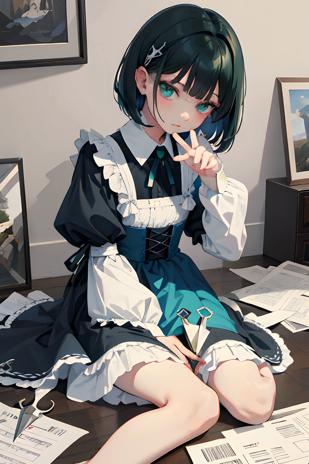Holding your knees,sitting down on the floor,,(masterpiece,Highest Quality),Blue-green Gothic Lolita,A dark-haired,Medium bob