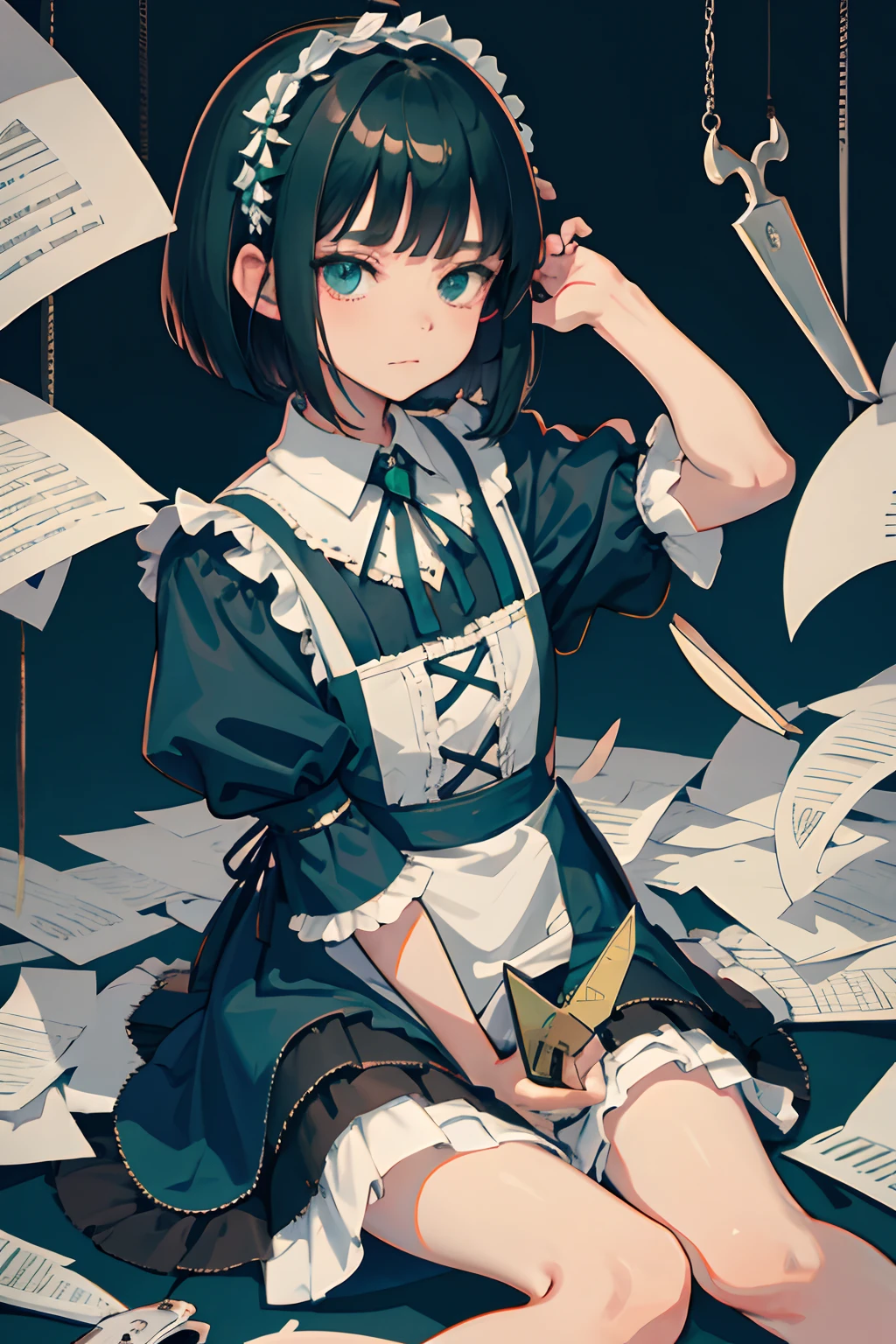 wariza，hand between legs，child，（​masterpiece，Highest Quality），shortsleeves，Blue-green Gothic Lolita，Sleepy face，A dark-haired，Medium bob，utility knife，Small scissors，paper craft