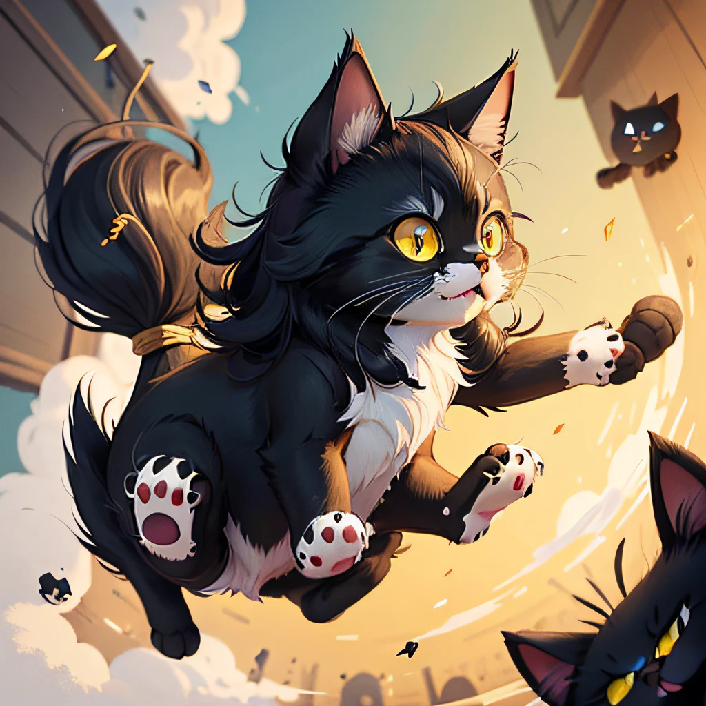 A long-haired black cat with white breast, cartoon visual of a cute cat, cartoon cat, kawaii cat, cute cat, cute detailed digital art, cute detailed artwork, jumping, action, angry yellow eyes