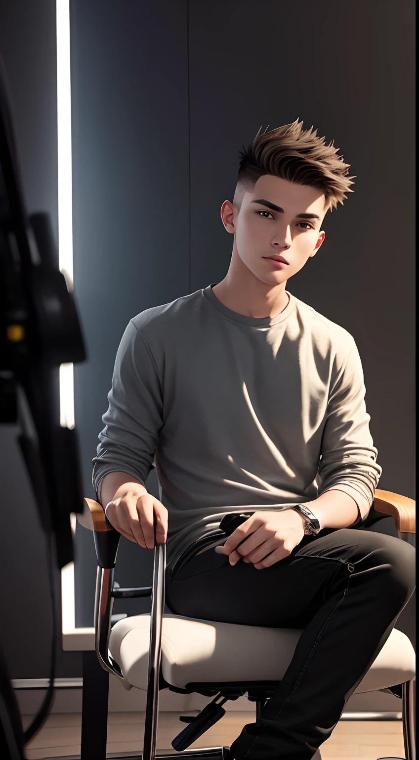 young man name urban legend with short spiky hair in Studio co seeing camera front sit on chair alone show full body