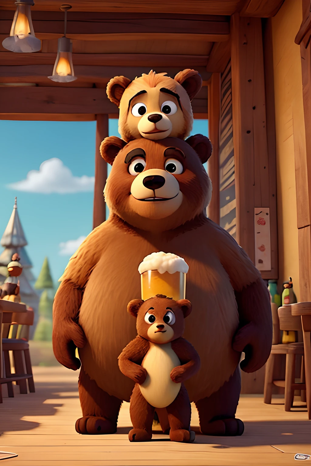Two cartoon characters in a swarm of giant bees. First character is a bear holding a beer. Second character is a female bear holding a beer. The characters are in a bar. In the style of pixar.