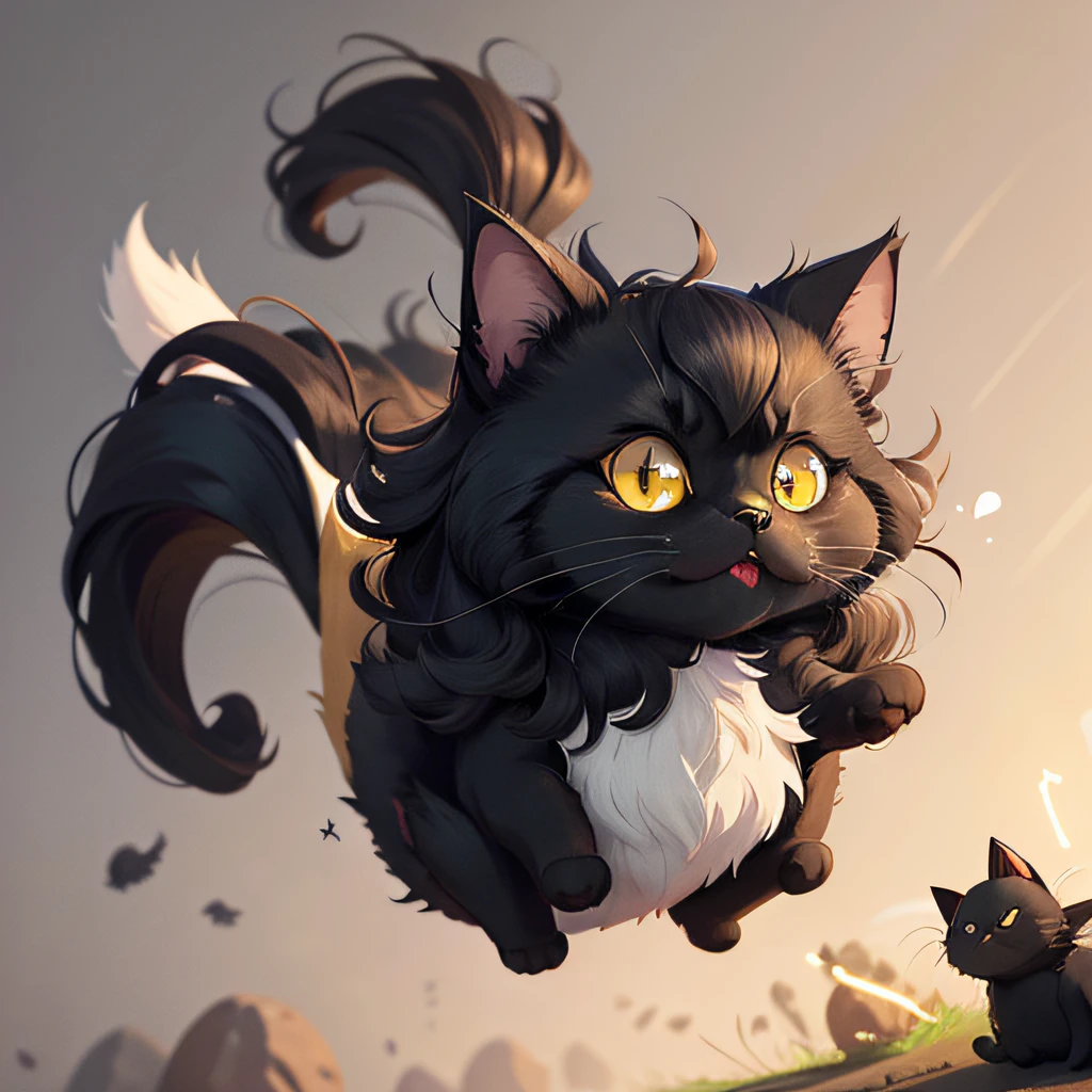 A long-haired black cat with white breast, cartoon visual of a cute cat, cartoon cat, kawaii cat, cute cat, cute detailed digital art, cute detailed artwork, jumping, action, angry yellow eyes