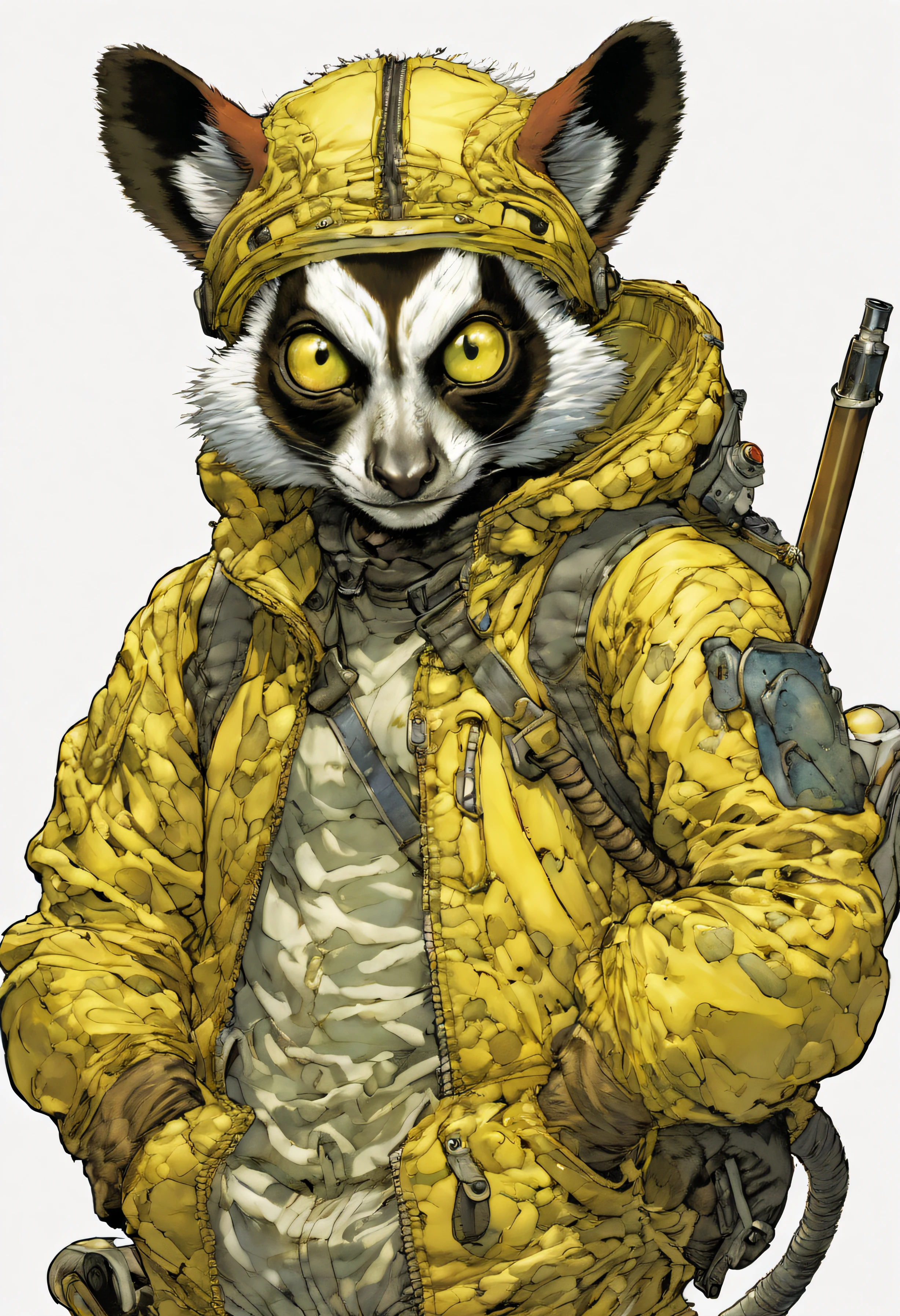 comics LEMUr, by Katsuya Terada, HD, manga, toon avatar,LEMUR, Katsuya Terada STYLE, POKEMON STYLE, LEMUR, YELLOW EYE, SNAKE skin ARMOR, SCALEs,LEMUR, YELLOW EYES, muppet, simple, stialized, chubby, , manga, contrast, poce, full body, dynamic poce, miletary gear, goggles, hood, by Katsuya Terada, clean, compact, simple