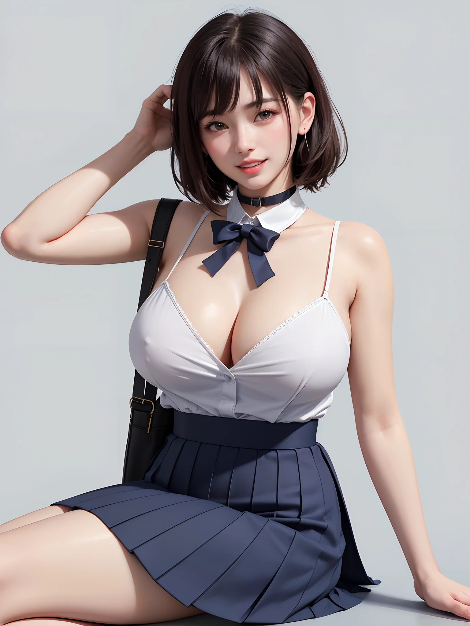 (masuter piece、Best Quality、Raw photography、top-quality、masutepiece、The ultra -The high-definition)、(reallistic、Photorealsitic:1.5)、1人の女性、1 person woman、cute little、独奏、Sitting、(Nasal redness)、(Very rich smile:1.8、Beautiful teeth、Beautiful teeth alignment)、(extremely beautiful lady、Very beautiful décolleté)、Crystal clear and beautiful eyes、(shirt with collar:1.1)、a bow tie、pleatedskirt、(short-hair:1.2)、Floating hair、(Very tall supermodel:1.5、Supermodel with shoulder strap、Very leggy supermodel:1.5、neck long、Put your ears out、Light in the eyes、hi-school girl)、((adult appeal、28 year old))、{Gigantic|Big|Huge|Mega} breasts, cleavage、Very simple light blue background、crossed bangs、Fascinating moments