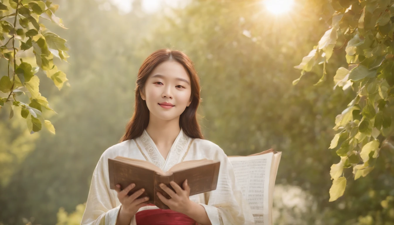 (Best Quality,Ultra-detailed,realisitic:1.37),portrait of a,Korean men and women reading the Bible,Oil Painting,Traditional Korean Costume,Peaceful garden scene,Soft sunlight,tranquil expression,wisdom,Bible Quotes,vibrant colours,delicate brushwork,subtle textures,lush greenery,Contemplative atmosphere,Beautiful picture book,Highlighted features:Eyes in focus,gentle smiling,Graceful posture,Sunlight shining through the trees,rays,Quiet surroundings,serene ambiance,A Blessed Moment