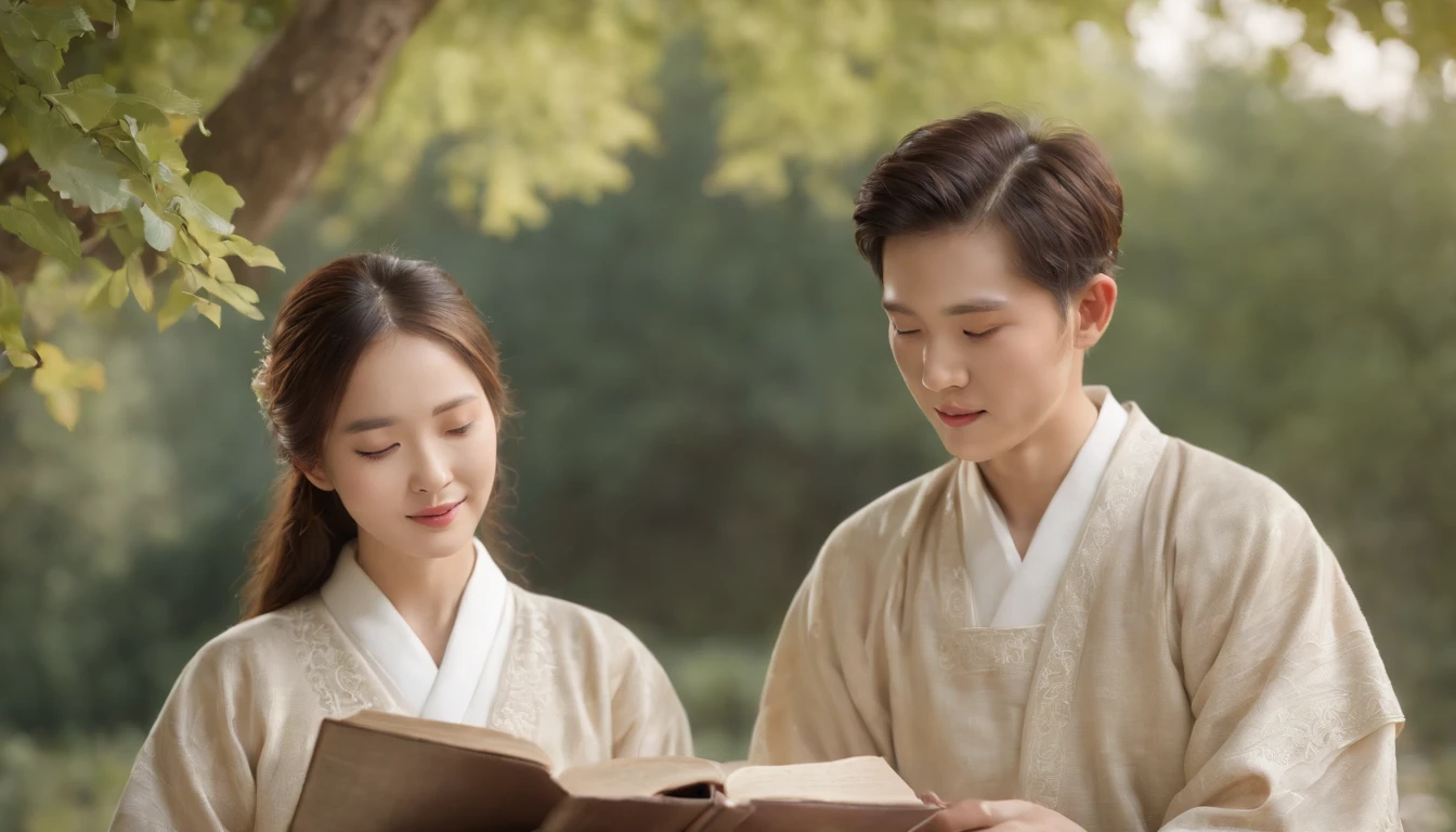 (Best Quality,Ultra-detailed,realisitic:1.37),portrait of a,Korean men and women reading the Bible,Oil Painting,Traditional Korean Costume,Peaceful garden scene,Soft sunlight,tranquil expression,wisdom,Bible Quotes,vibrant colours,delicate brushwork,subtle textures,lush greenery,Contemplative atmosphere,Beautiful picture book,Highlighted features:Eyes in focus,gentle smiling,Graceful posture,Sunlight shining through the trees,rays,Quiet surroundings,serene ambiance,A Blessed Moment