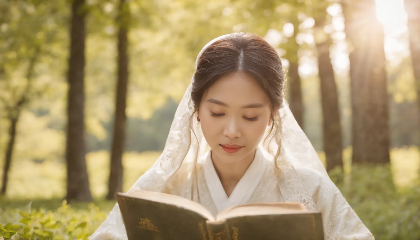 (Best Quality,Ultra-detailed,realisitic:1.37),portrait of a,Korean men and women reading the Bible,Oil Painting,Traditional Korean Costume,Peaceful garden scene,Soft sunlight,tranquil expression,wisdom,Bible Quotes,vibrant colours,delicate brushwork,subtle textures,lush greenery,Contemplative atmosphere,Beautiful picture book,Highlighted features:Eyes in focus,gentle smiling,Graceful posture,Sunlight shining through the trees,rays,Quiet surroundings,serene ambiance,A Blessed Moment
