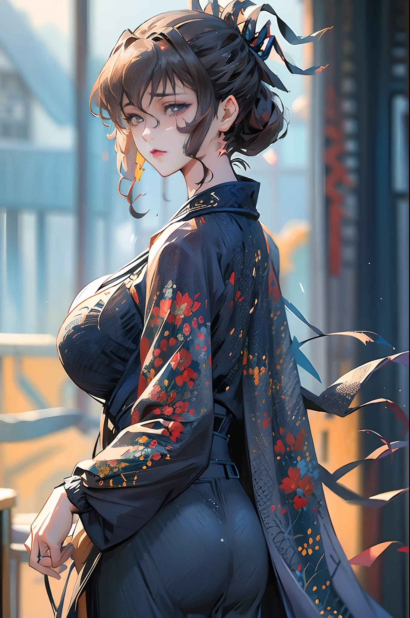 Kitagawa Udo room style, anime visual of a young woman,Focus on the face Delicate and beautiful face High ponytail,城市,Outdoors,Stand up,long leges,Mature woman,Big breasts wife,Married Woman,Mature woman,office lady,(Masterpiece), (Best quality), (Ultra detailed),(Disheveled hair),huge tit,Stiletto heels,Slender and tall,Exquisite details,The feet are delicate