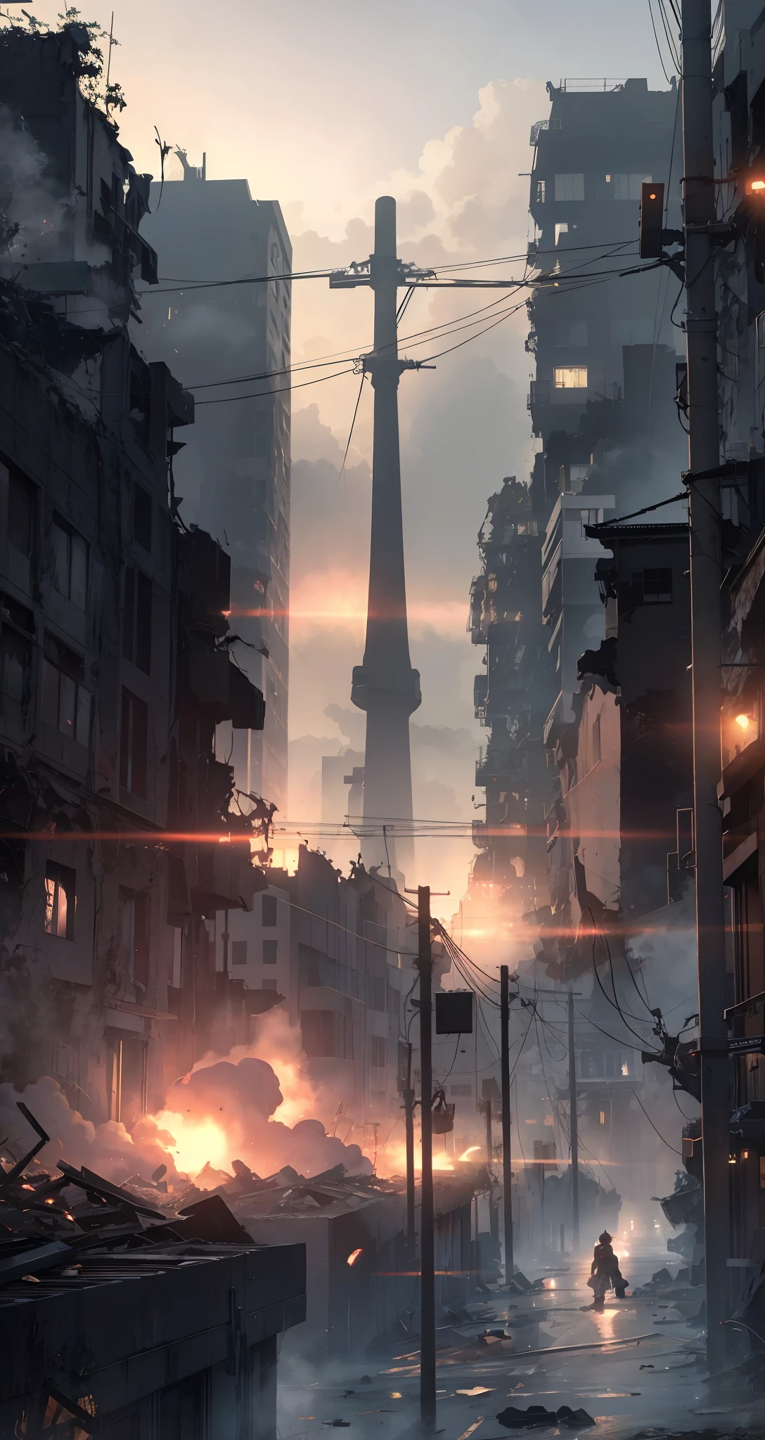 Destruction of the city due to a powerful nuclear bomb explosion, night, darkness, thick fog, Foggy, sparks