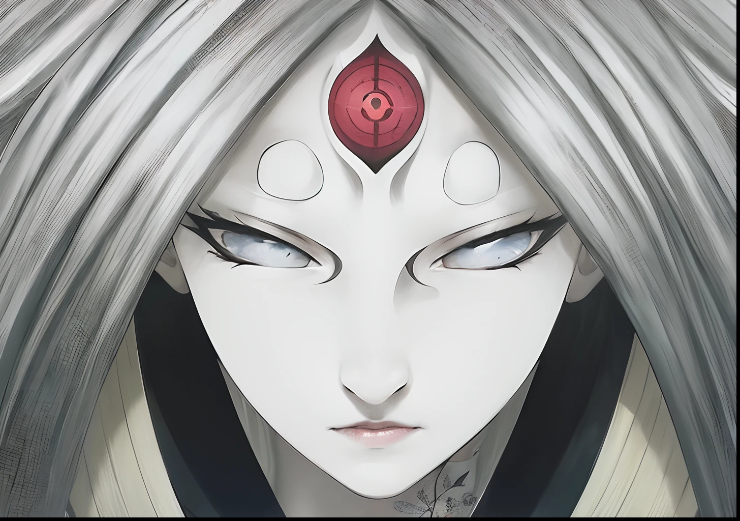 masterpiece,best quality,highly detailed,ultra-detailed,an extremely delicate and beautiful,masterpiece,1girl, solo,kaguya,mature female, long hair, absurdly long hair, third eye,horns, pale skin,white short eyebrows, otsutsuki kimono, floating hair, looking at viewer,