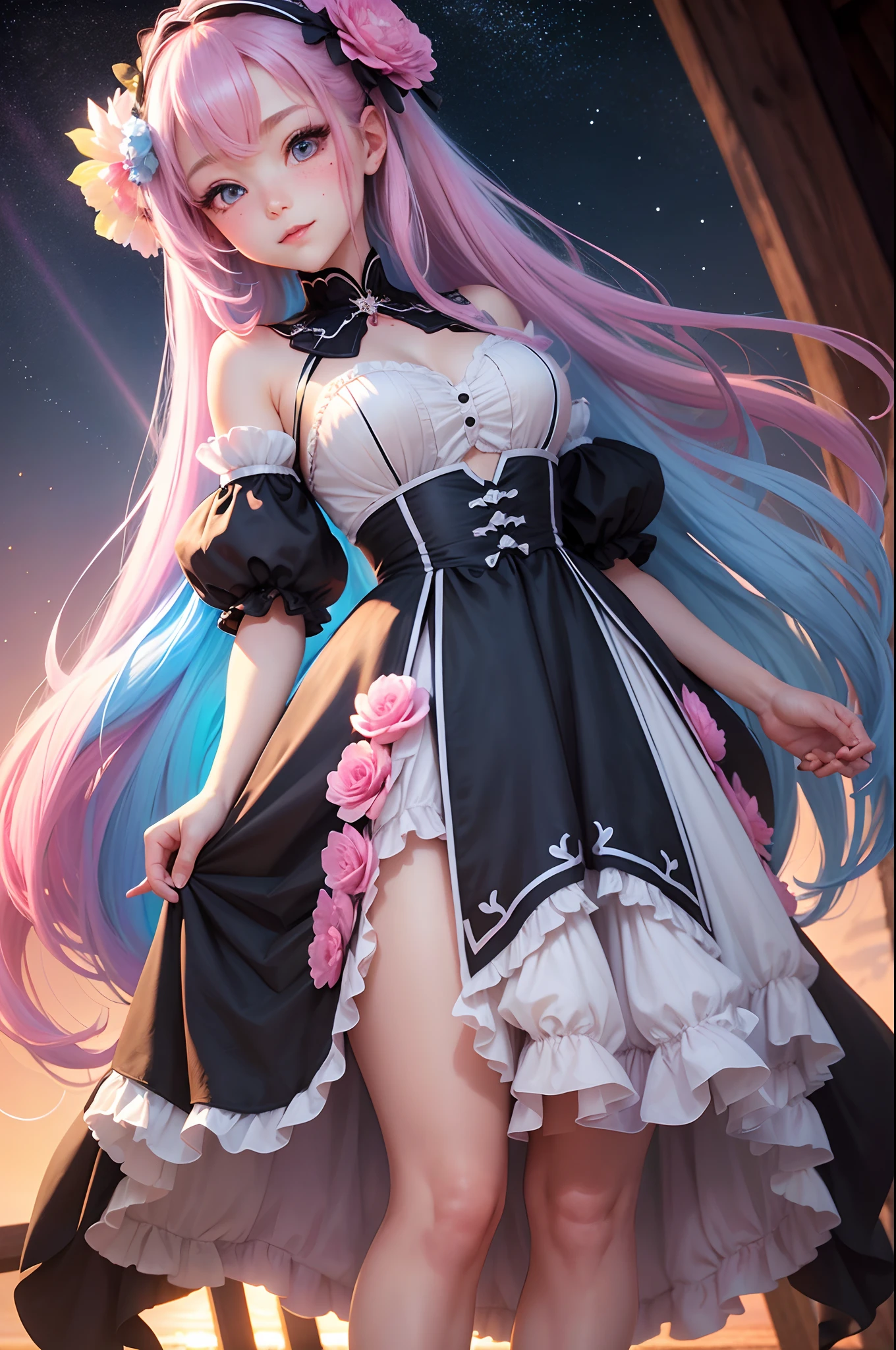 Film Illumination, God Ray, Full Body Lens (Vista, From Below, ), High Quality, Award-Winning Shot, Best Quality, High Detail, 16K, 8K, Mountain Top (Night, Starry Sky, Moon) Royal sister, standing, bent forward, hands behind back, bare skin at shoulders, medium breasts, black stockings, high heels, facing the lens (top light, metering), hair bow (pink: 0.8 and light blue: 0.7), flower on the head, split ends double ponytail (long hair, very long hair, Very long hair: 1.2, light blue and pink hair, colored inner hair, hair between the eyes,) pink eyes (pupils sparkling ,), smile: 1.2 (shyness, blush, full face blushing,),