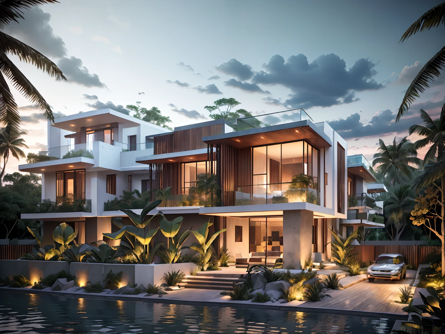 Tech style，Two-storey luxury jungle villa，Front yard and back yard - with roof garden, Glass villa with sloping roof, modern, Dynamic (RAW photo, Real, Best quality, Masterpiece:1.2), (Ultra photo realsisim, photo-realistic:1.2), High quality, (Dark lighting:1.2), Perfect lighting, archdaily, Award-winning sustainable construction, Cinematic light, golden hour light