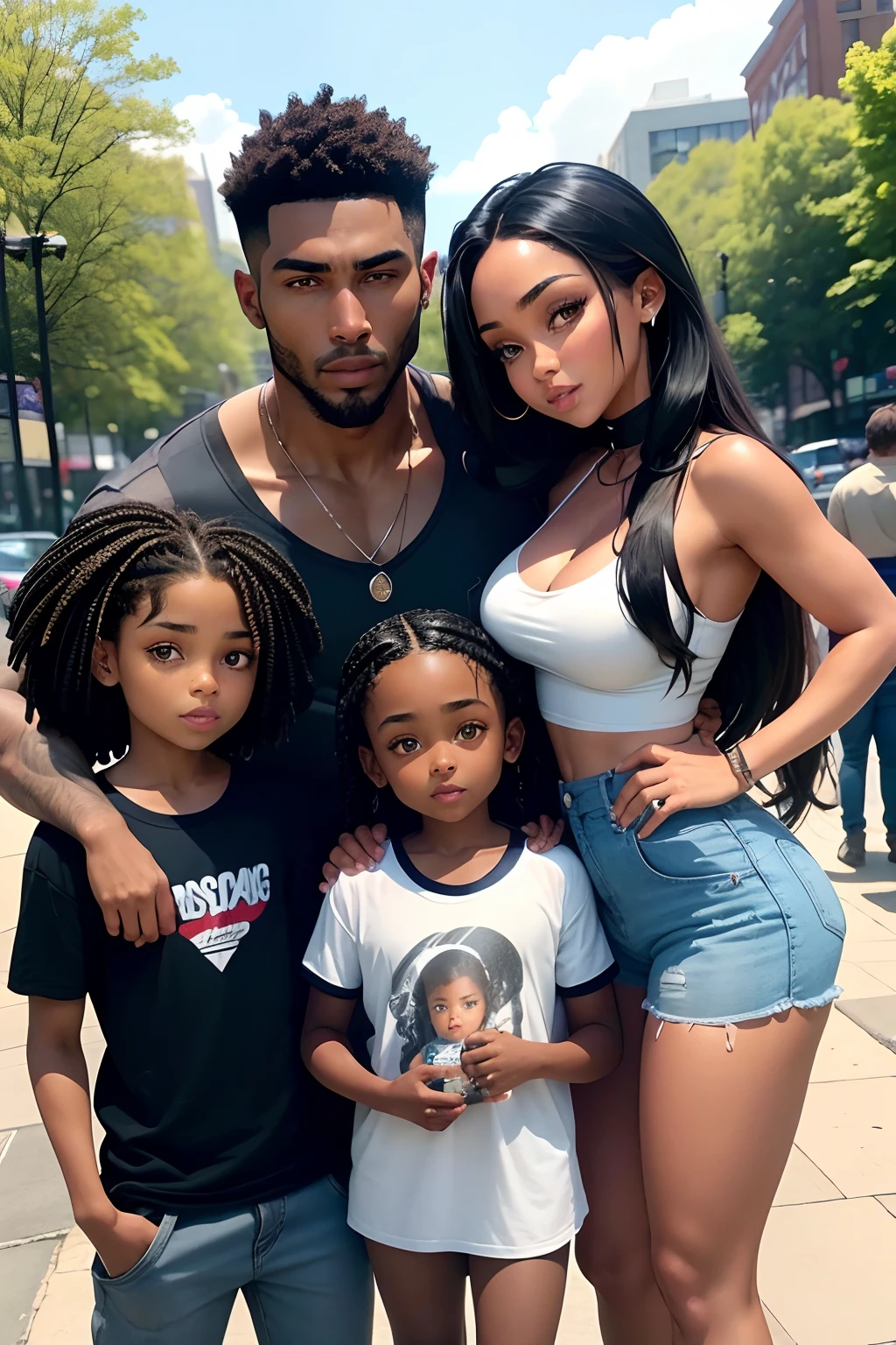 Leigh Anne Pinnock, pele morena, cabelo preto, enrolado e comprido. She is with her two children(dois s pequenos) e seu marido(moreno, cabelo curto e preto,musculoso,olhos azuis) no parque em Boston,