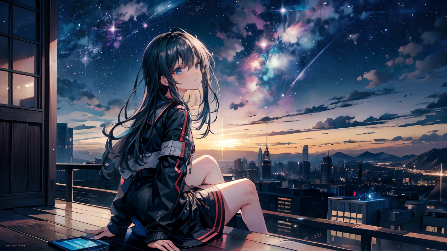 octane, sky, Star (sky), scenery, Starry sky, Night, 1girll, Night sky, Solo, Outdoors, Building, Cloud, Milky Way, Sitting, tree, Long hair, City, Silhouette, Cityscape, Looking Up The Sky, 8K, Beautiful night sky, Ray tracing, Masterpiece, Cute face