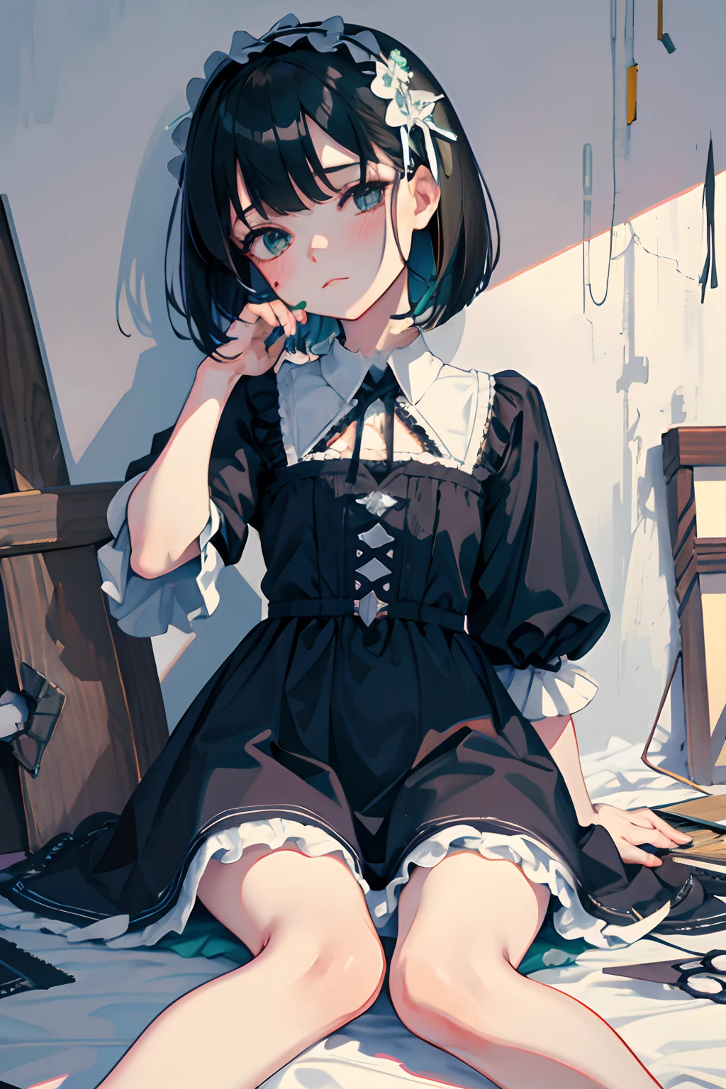 wariza，hand between legs，child，（​masterpiece，Highest Quality），shortsleeves，Blue-green Gothic Lolita，Sleepy face，A dark-haired，Medium bob，utility knife，Small scissors