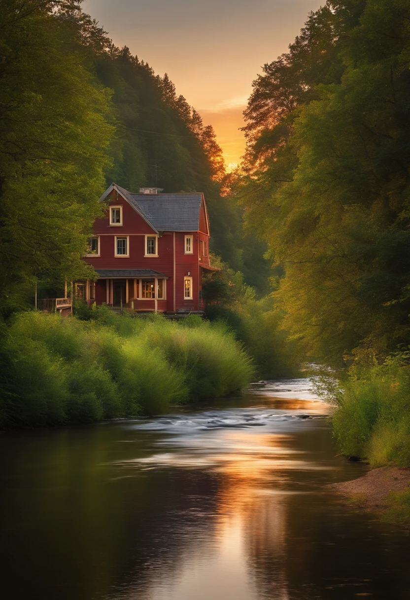 summer sunny evening, the sun sets, forest, a river runs, there is a house by the river