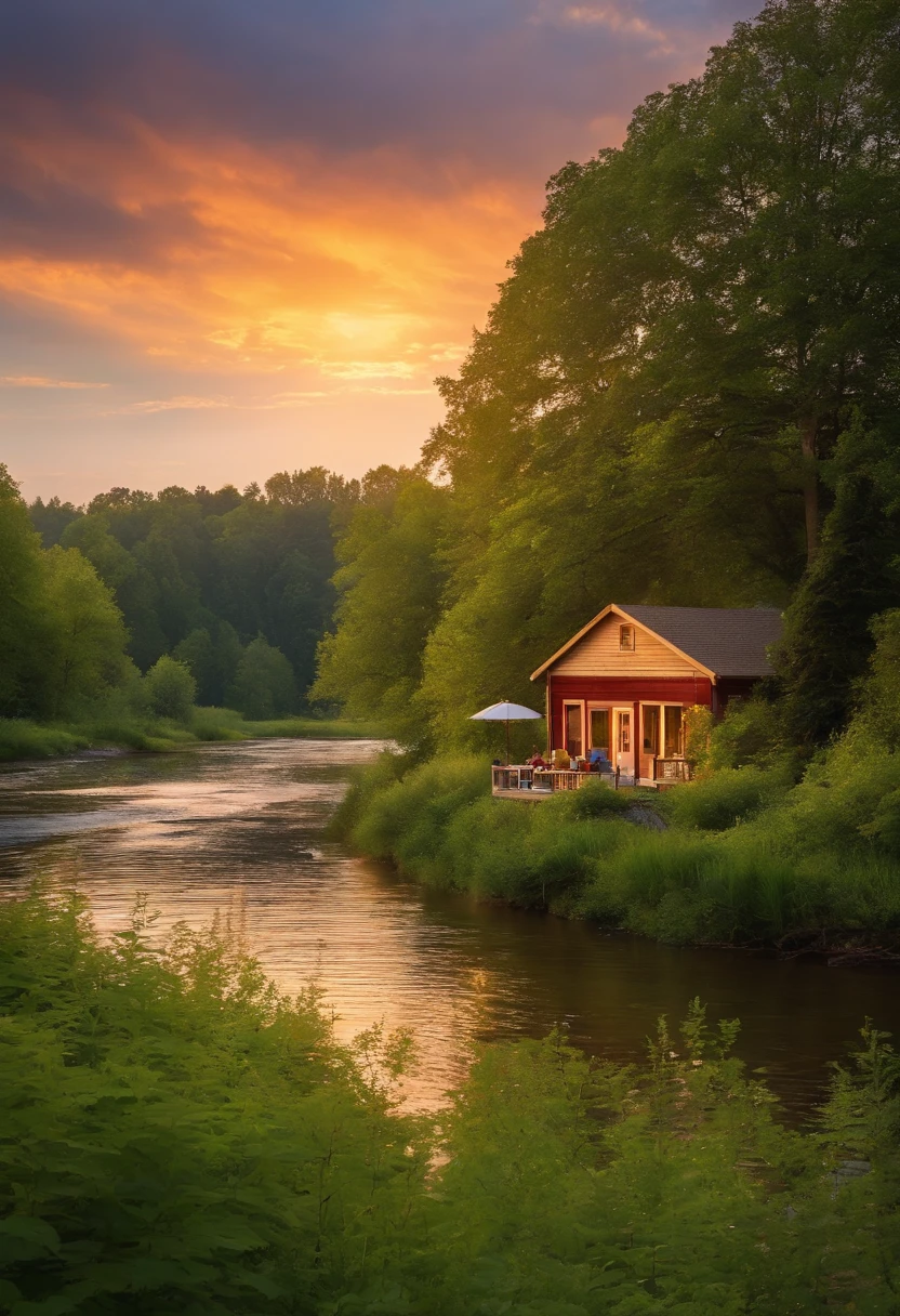 summer sunny evening, the sun sets, forest, a river runs, there is a house by the river