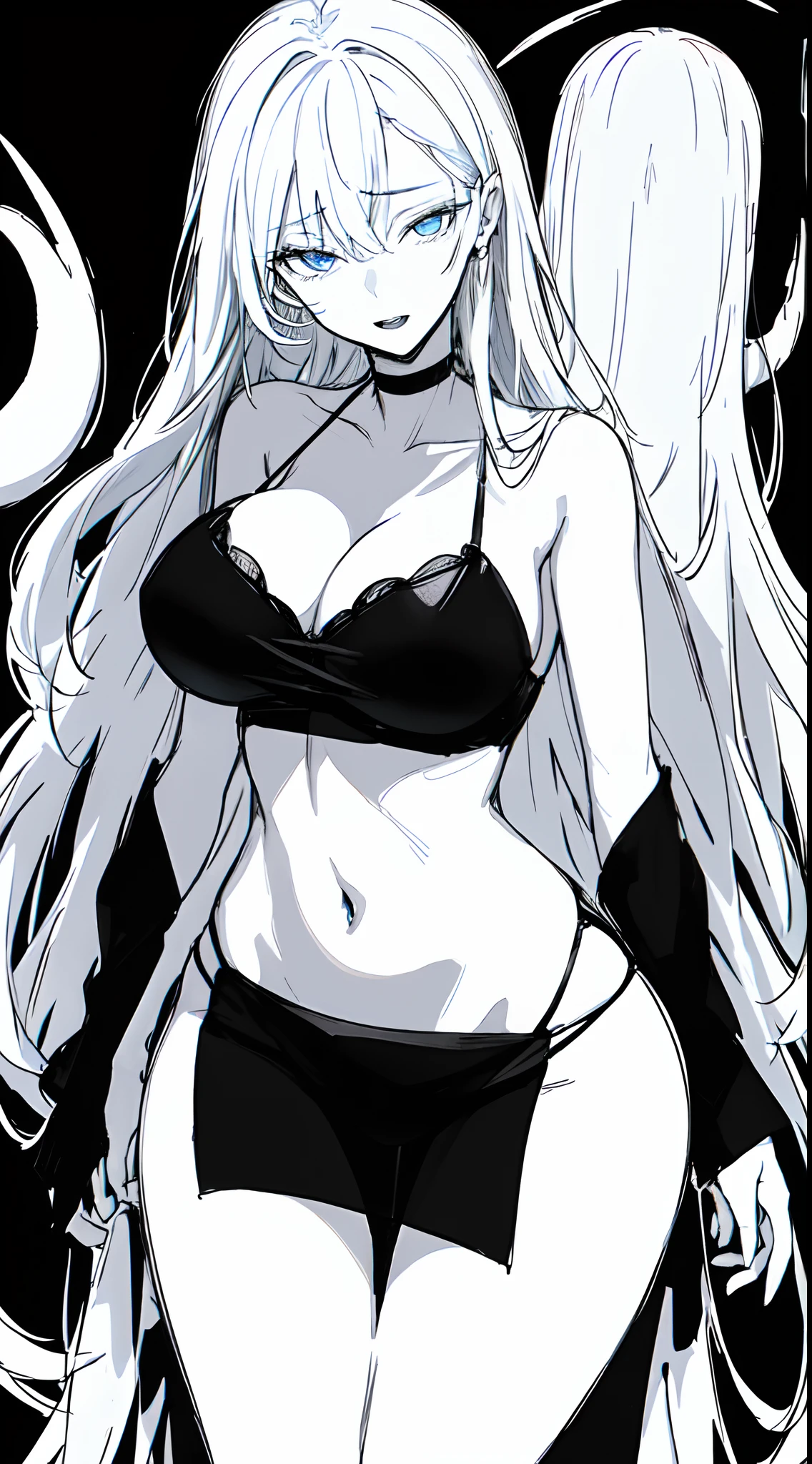 Stunning girl, Detailed blue eyes, erotic expression, white hair, big breasts, wide hips, slim body, black nightdress, black choker, (Black and white, sketch), black background, hentai, simple poster, ((negative space)),