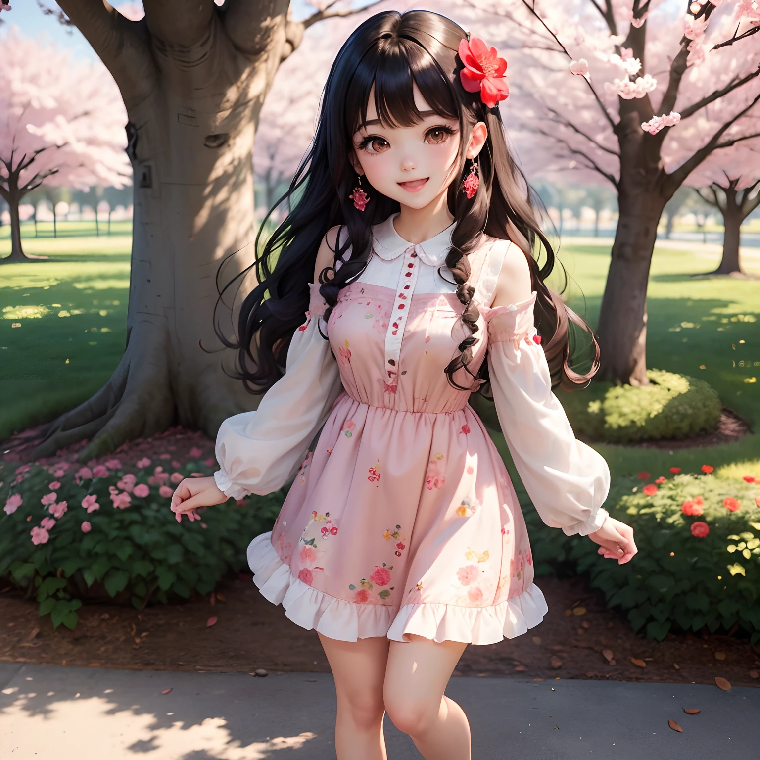 (masterpiece),(best quality),(ultra-detailed), (full body:1.2), 1girl,chibi,cute, smile, open mouth, flower, outdoors,blush, tree, :3, shirt, wavy black hair, cherry blossoms, blurry, blush stickers, long sleeves, bangs,red flower, red apples earrings, apples printed dress (beautiful detailed face), (beautiful detailed eyes),