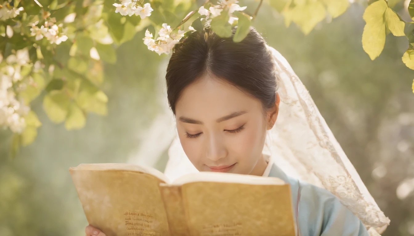 (Best Quality,Ultra-detailed,realisitic:1.37),portrait of a,Korean men and women reading the Bible,Oil Painting,Traditional Korean Costume,Peaceful garden scene,Soft sunlight,tranquil expression,wisdom,Bible Quotes,vibrant colours,delicate brushwork,subtle textures,lush greenery,Contemplative atmosphere,Beautiful picture book,Highlighted features:Eyes in focus,gentle smiling,Graceful posture,Sunlight shining through the trees,rays,Quiet surroundings,serene ambiance,A Blessed Moment