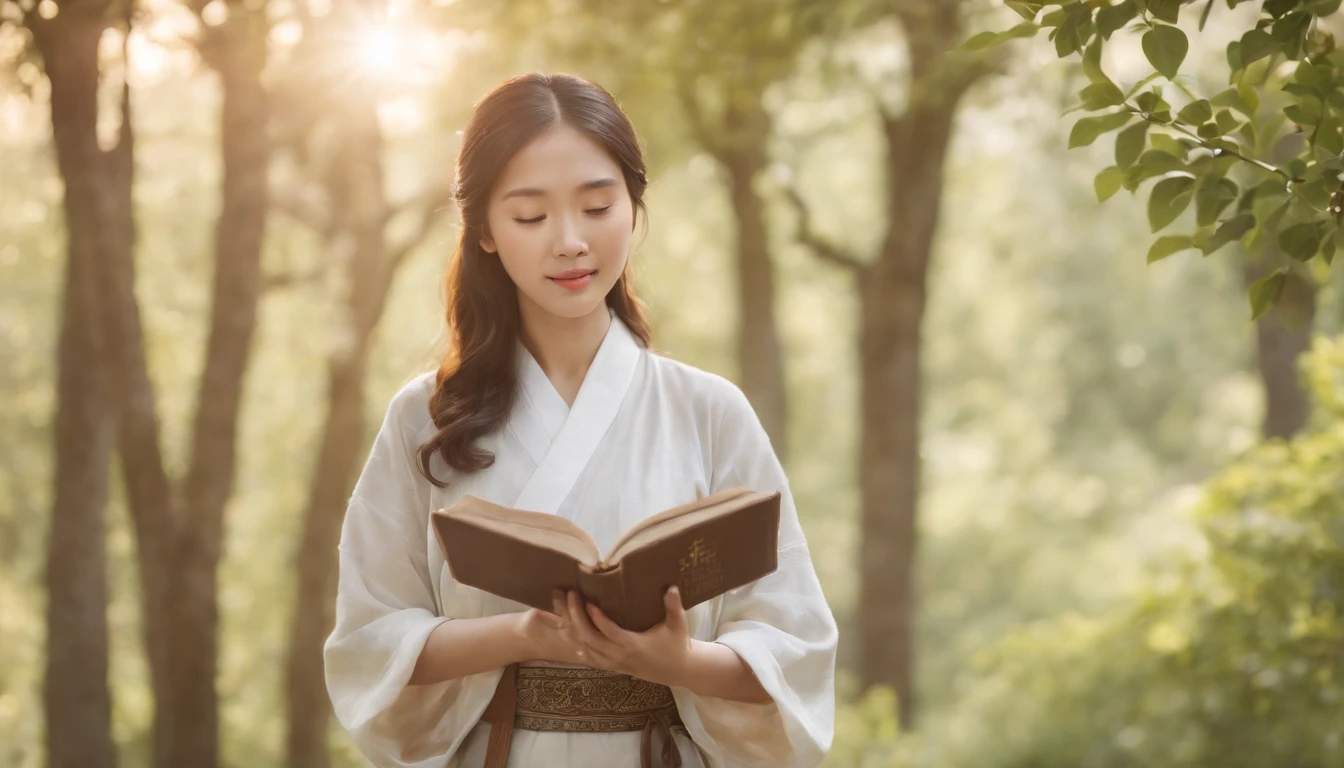 (Best Quality,Ultra-detailed,realisitic:1.37),portrait of a,Korean men and women reading the Bible,Oil Painting,Traditional Korean Costume,Peaceful garden scene,Soft sunlight,tranquil expression,wisdom,Bible Quotes,vibrant colours,delicate brushwork,subtle textures,lush greenery,Contemplative atmosphere,Beautiful picture book,Highlighted features:Eyes in focus,gentle smiling,Graceful posture,Sunlight shining through the trees,rays,Quiet surroundings,serene ambiance,A Blessed Moment