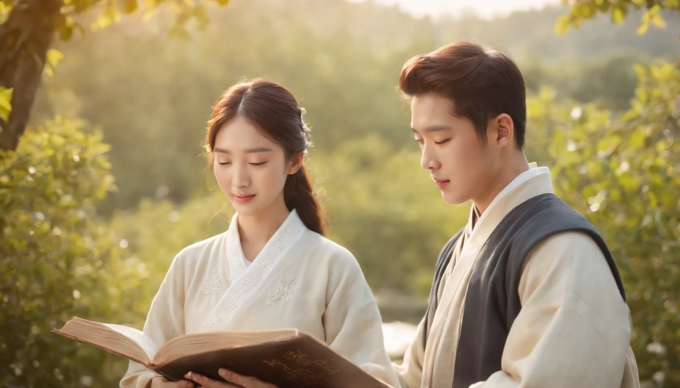 (Best Quality,Ultra-detailed,realisitic:1.37),portrait of a,Korean men and women reading the Bible,Oil Painting,Traditional Korean Costume,Peaceful garden scene,Soft sunlight,tranquil expression,wisdom,Bible Quotes,vibrant colours,delicate brushwork,subtle textures,lush greenery,Contemplative atmosphere,Beautiful picture book,Highlighted features:Eyes in focus,gentle smiling,Graceful posture,Sunlight shining through the trees,rays,Quiet surroundings,serene ambiance,A Blessed Moment