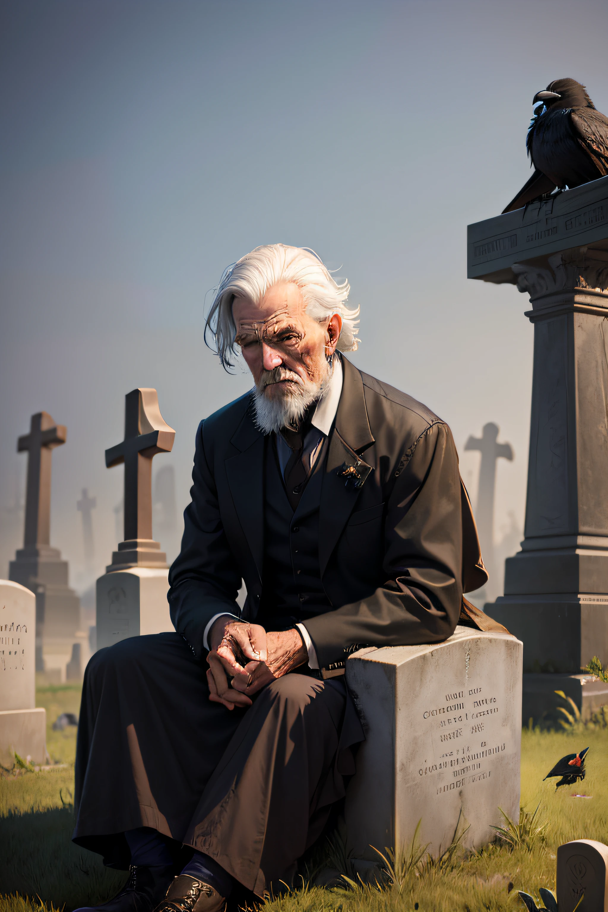 Old gravedigger without a hat sitting in a cemetery grave with a crow on his shoulder