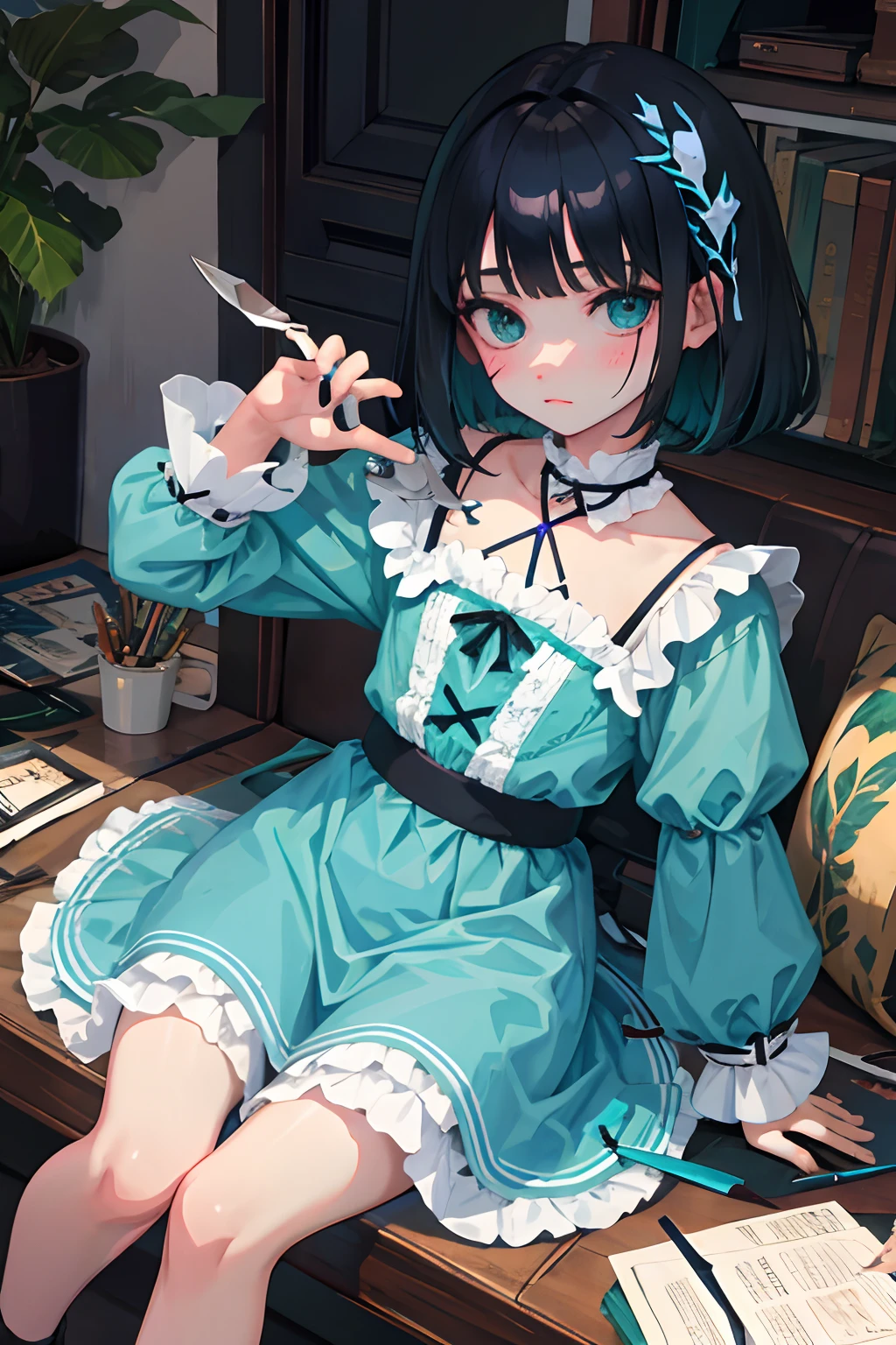 wariza，child，（​masterpiece，Highest Quality），shortsleeves，Blue-green Gothic Lolita，Sleepy face，A dark-haired，Medium bob，utility knife，Small scissors