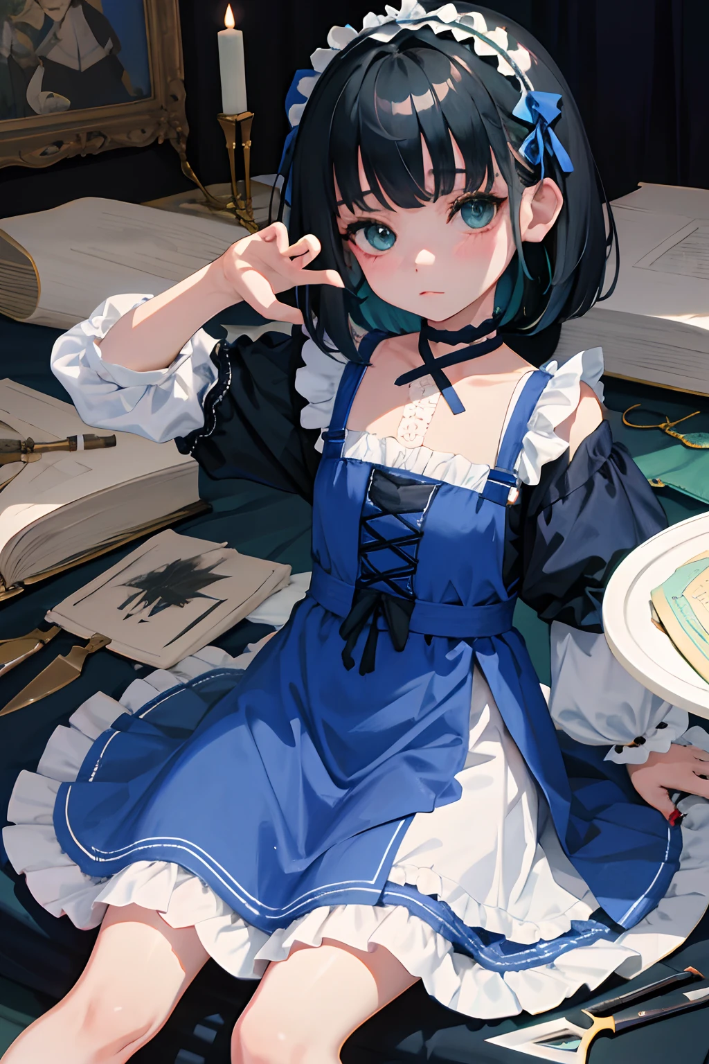 wariza,,(masterpiece,Highest Quality),shortsleeves,Blue-green Gothic Lolita,Sleepy face,A dark-haired,Medium bob,utility knife,Small scissors