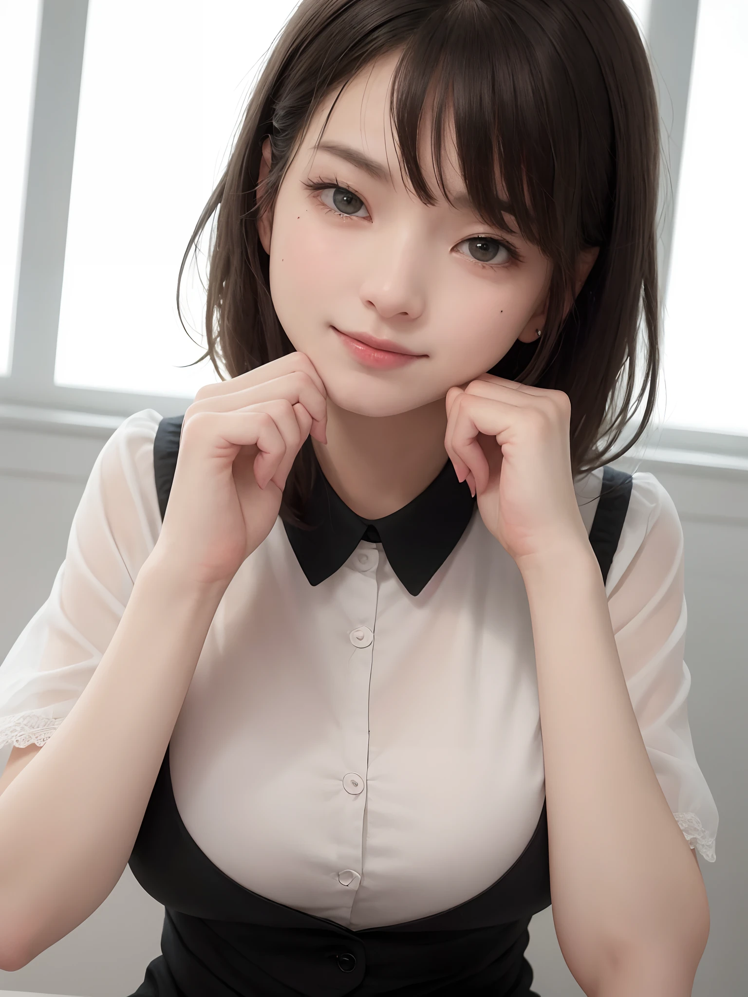 (8K picture quality、top-quality、masterpiece:1.6、Look firmly at the camera)、(realisitic、Photorealsitic:1.6)、ultra-detailliert、1 female、the neck is long、Put your ears out、Very tall supermodel:1.3、cute little、Beautie、spotless、独奏、Beautiful detailed sky、Detailed Cafe、sitting on、(Nasal blush)、 (A smile:1.3)、(a closed mouth)、Colossal tits、Fine and beautiful eyes、(shirt with collar:1.1)、Transaction service、White lace、(The face of the golden ratio:1.4、Cute short hair with black hair bangs,:1.2)、Floating hair、NovaFrogStyle、Fromside:1.3、face perfect、Perfect fingers、Perfect body、perfect hand、Perfect Anatomy