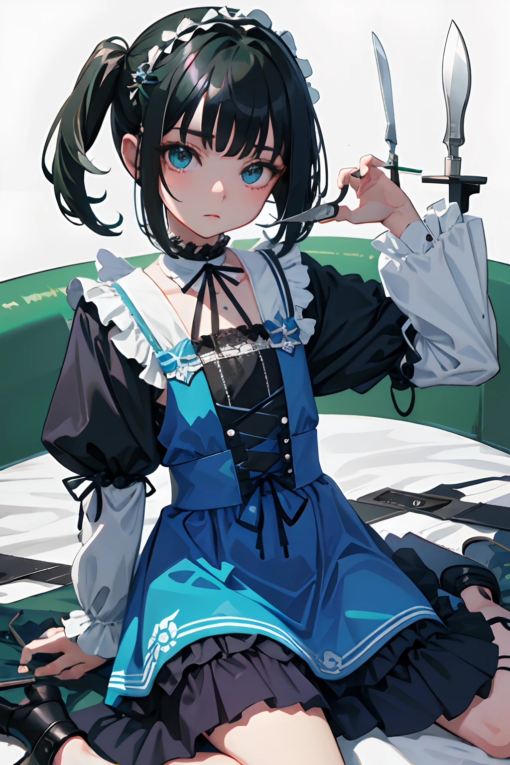 wariza，child，（​masterpiece，Highest Quality），shortsleeves，Blue-green Gothic Lolita，Sleepy face，A dark-haired，Medium bob，utility knife，Small scissors