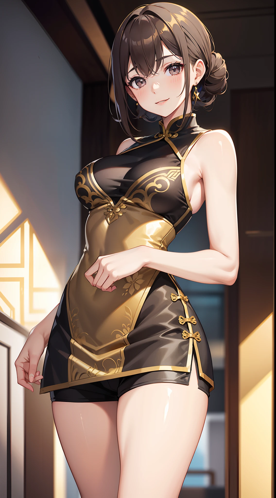 young girl, short brown hair in two buns, gray eyes, Smile, gray tight Chinese dress, Gold patterns, Sleeveless, Shorts, pantyhouse, large breasts, Needle control, Masterpiece, hiquality, 4k, HD, Good detail