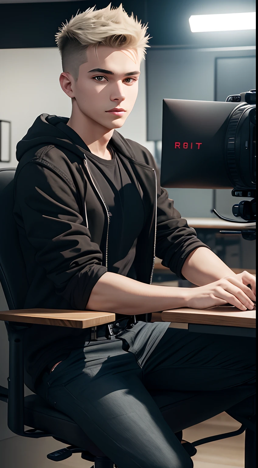 young man name urban legend with short spiky hair in Studio co seeing camera front sit on chair alone show full body