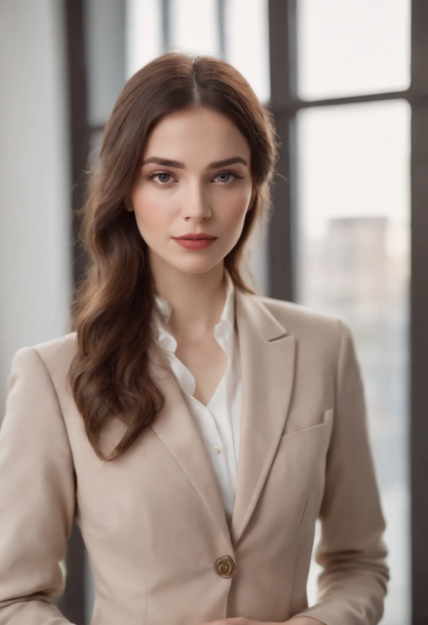 young brunette woman dressed in a tailor's suit, light background, in the style of ultrafine detail, high quality photo, 35 mm f/5.6