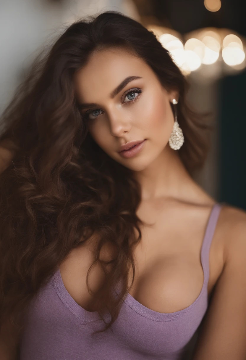 Arafed woman without tank top and matching panties, fille sexy aux yeux bruns, Portrait Sophie Mudd, cheveux bruns et grands yeux, selfie of a young woman, Yeux de chambre, Violet Myers, sans maquillage, maquillage naturel, looking straight at camera, Visage avec Artgram, Maquillage subtil, Superbe photo du corps entier, clivage, sitting at table