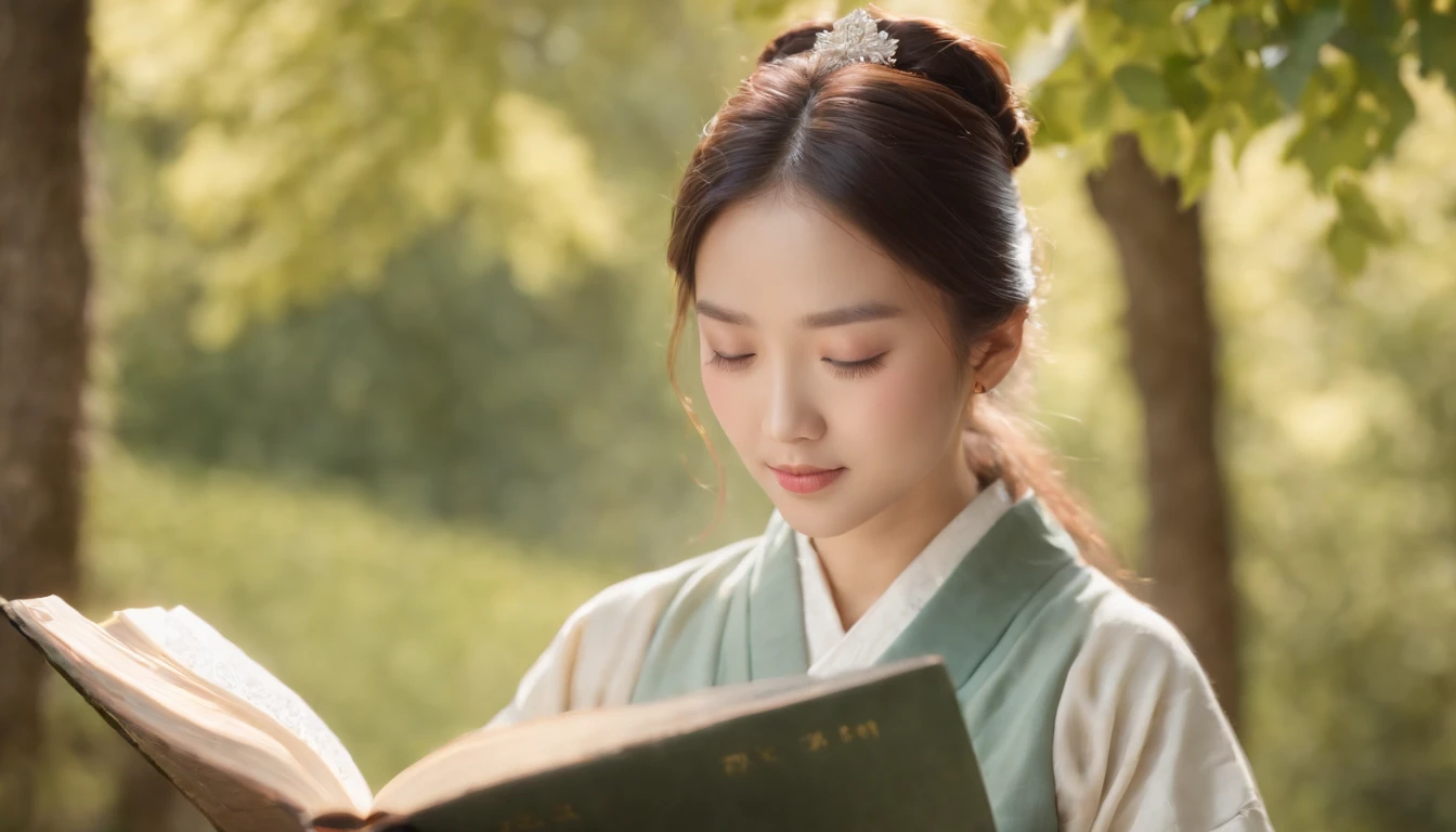(Best Quality,Ultra-detailed,realisitic:1.37),portrait of a,Korean men and women reading the Bible,Oil Painting,Traditional Korean Costume,Peaceful garden scene,Soft sunlight,tranquil expression,wisdom,Bible Quotes,vibrant colours,delicate brushwork,subtle textures,lush greenery,Contemplative atmosphere,Beautiful picture book,Highlighted features:Eyes in focus,gentle smiling,Graceful posture,Sunlight shining through the trees,rays,Quiet surroundings,serene ambiance,A Blessed Moment