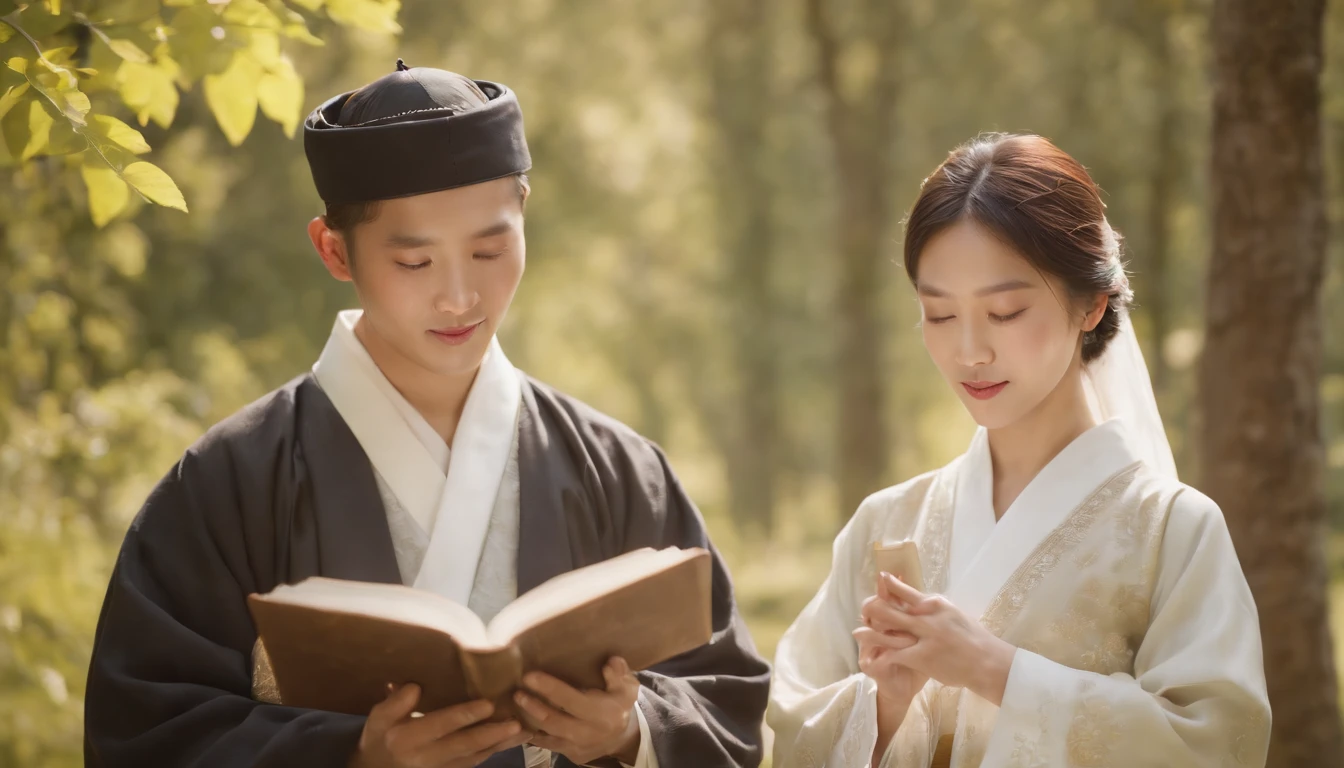 (Best Quality,Ultra-detailed,realisitic:1.37),portrait of a,Korean men and women reading the Bible,Oil Painting,Traditional Korean Costume,Peaceful garden scene,Soft sunlight,tranquil expression,wisdom,Bible Quotes,vibrant colours,delicate brushwork,subtle textures,lush greenery,Contemplative atmosphere,Beautiful picture book,Highlighted features:Eyes in focus,gentle smiling,Graceful posture,Sunlight shining through the trees,rays,Quiet surroundings,serene ambiance,A Blessed Moment
