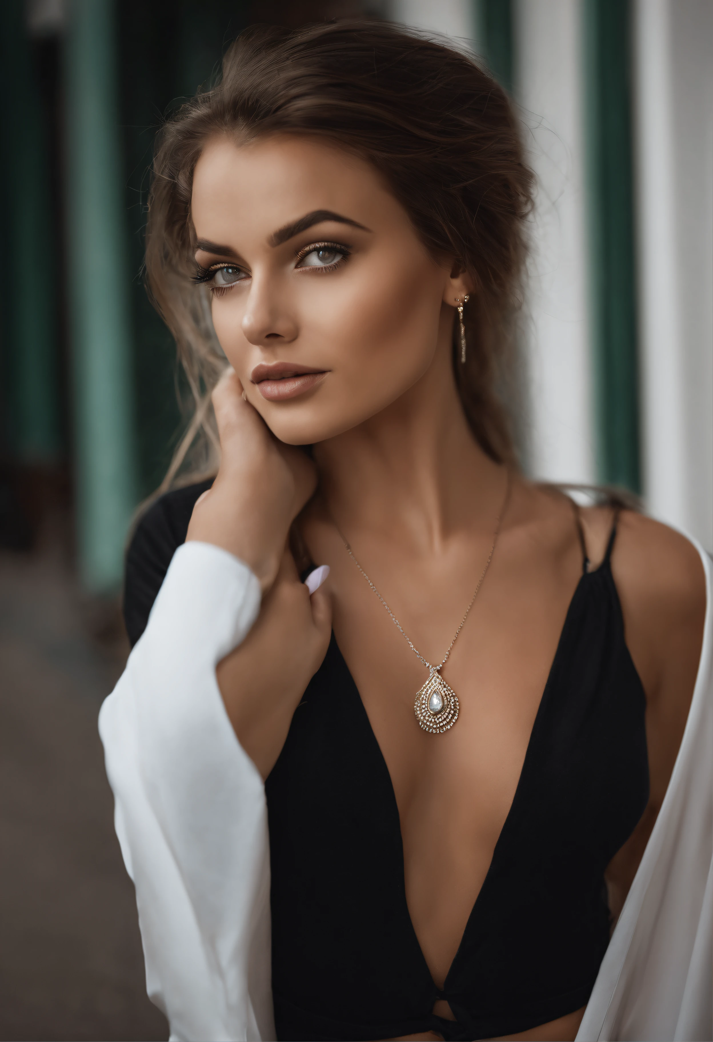 Arafed woman with a white tank top and necklace, fille sexy aux yeux verts, Portrait Sophie Mudd, cheveux bruns et grands yeux, selfie of a young woman, Yeux de chambre, Violet Myers, sans maquillage, maquillage naturel, looking straight at camera, Visage avec Artgram, Maquillage subtil, Superbe photo du corps entier, piercing green eyes, Bel angle, pose attrayante, fille mignonne, sexy pose, Image du corps entier, corps entier, Prise de vue du corps entier, brunette goddess, High detail, pose satisfaite, Pantalon en cuir