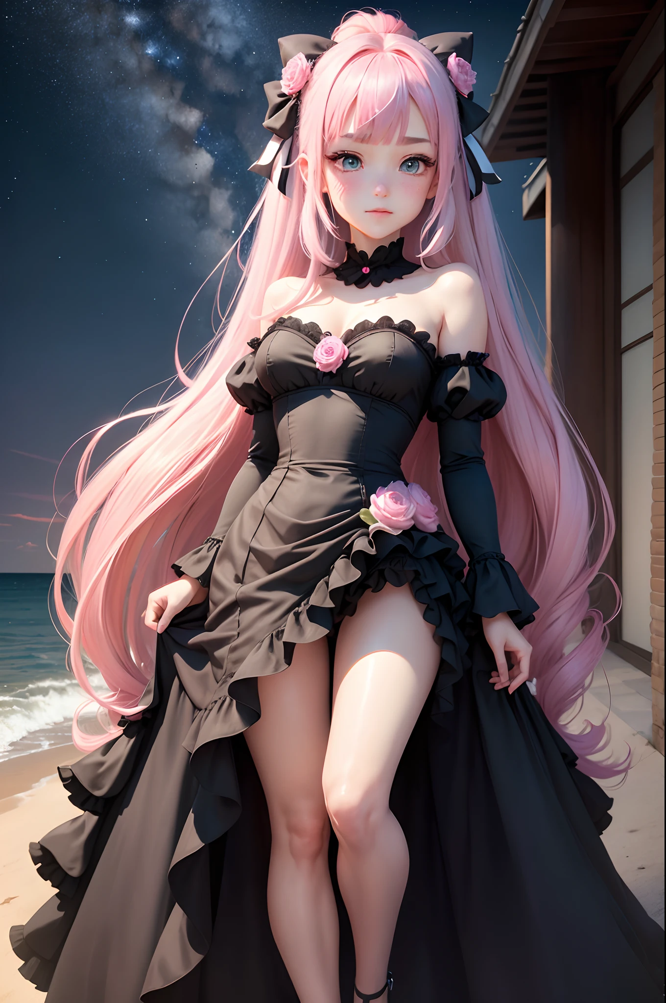Film Lighting, God Ray, Full Body Shot( Vista, From Below,), High Quality, Award-Awarded, Best Quality, High Detail, 16K, 8K, Seaside (Night, Starry Sky,) Imperial Sister, Standing, Bending Forward, Hands Behind Back, Shoulders Exposed Skin, Medium Breasts, Black silk stockings, high heels, facing the lens (top light, metering), hair bow (pink: 0.8 and light blue: 0.7), flowers on the head, split ends double ponytail (long hair, very long hair, extra-long hair: 1.2, light blue and pink hair, colored inner hair, hair between the eyes,) pink eyes (pupils sparkling ,), smile (shy, blush, mole under the mouth, full face blushing,),