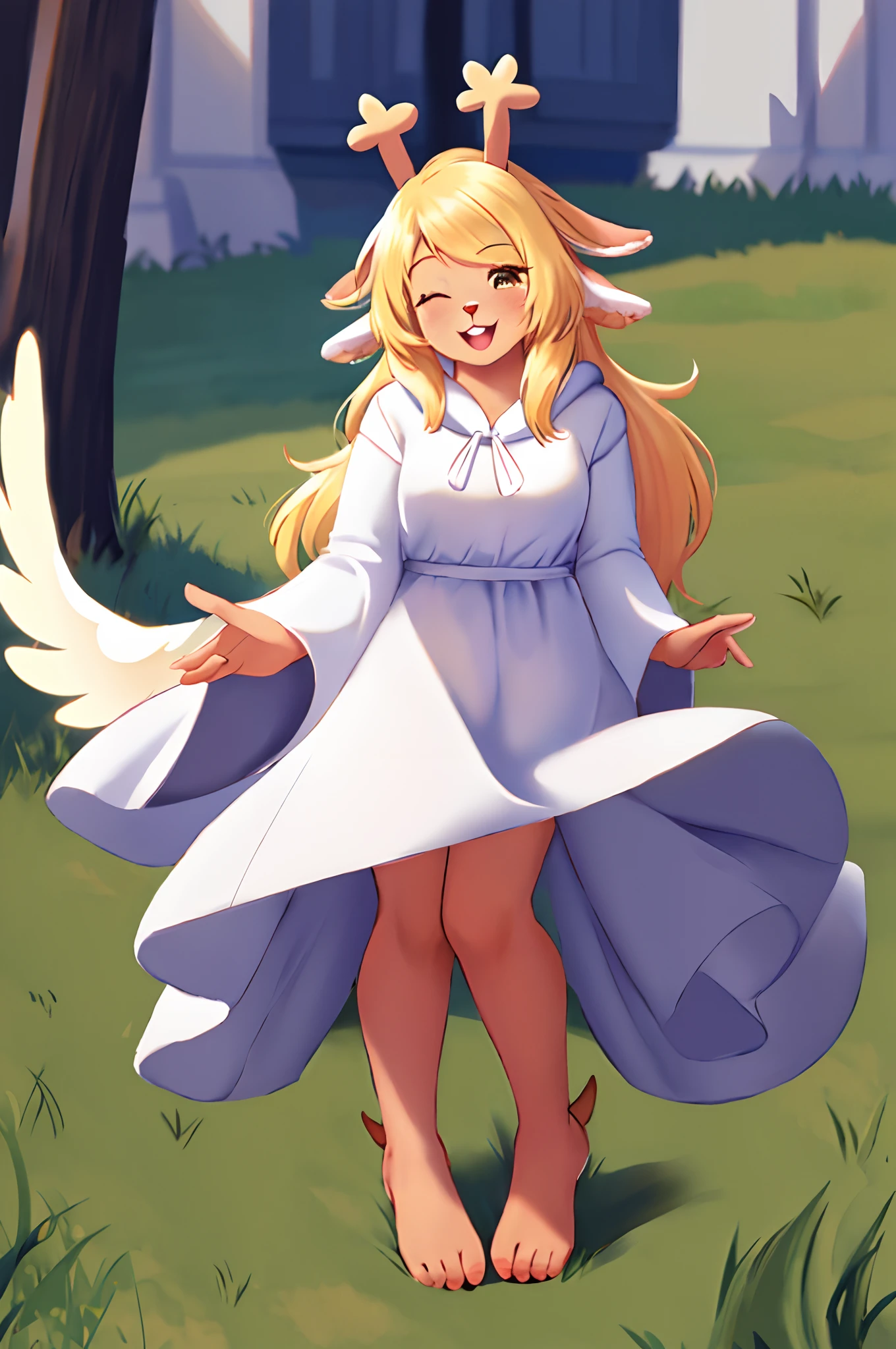 solo, cartoony, best quality, 1girl, noelleholiday, blonde hair, long hair, furry, white dress, smile, one eye closed, angel wings, fake wings, fake halo, upper teeth, round teeth,,standing, full body, feet