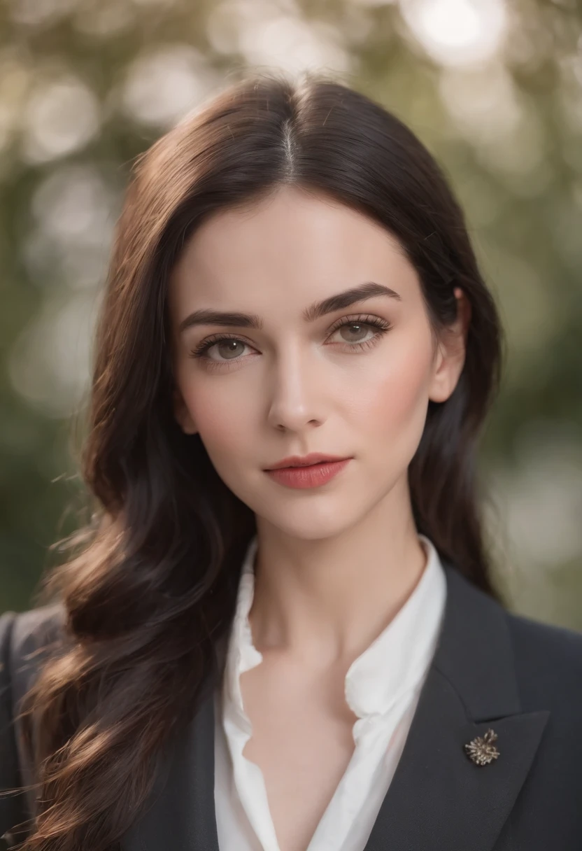 young brunette woman dressed in a tailor's suit, black hair, light background, in the style of ultrafine detail, high quality photo, 35 mm f/5.6