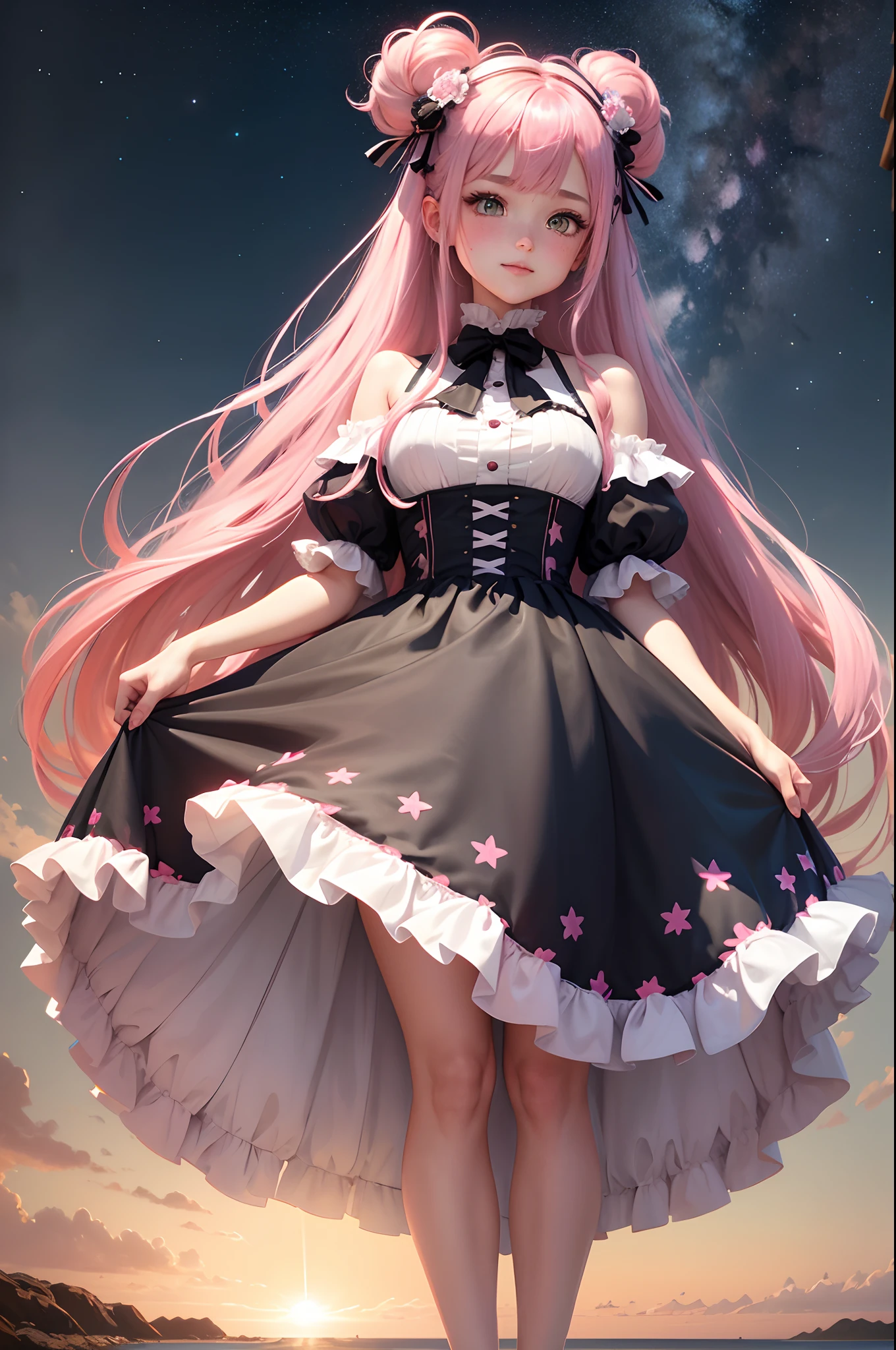 Film Lighting, God Ray, Full Body Shot( Vista, From Below,), High Quality, Award-Awarded, Best Quality, High Detail, 16K, 8K, Seaside (Night, Starry Sky,) Imperial Sister, Standing, Bending Forward, Hands Behind Back, Shoulders Exposed Skin, Medium Breasts, Black silk stockings, high heels, facing the lens (top light, metering), hair bow (pink: 0.8 and light blue: 0.7), flowers on the head, split ends double ponytail (long hair, very long hair, extra-long hair: 1.2, light blue and pink hair, colored inner hair, hair between the eyes,) pink eyes (pupils sparkling ,), smile (shy, blush, mole under the mouth, full face blushing,),