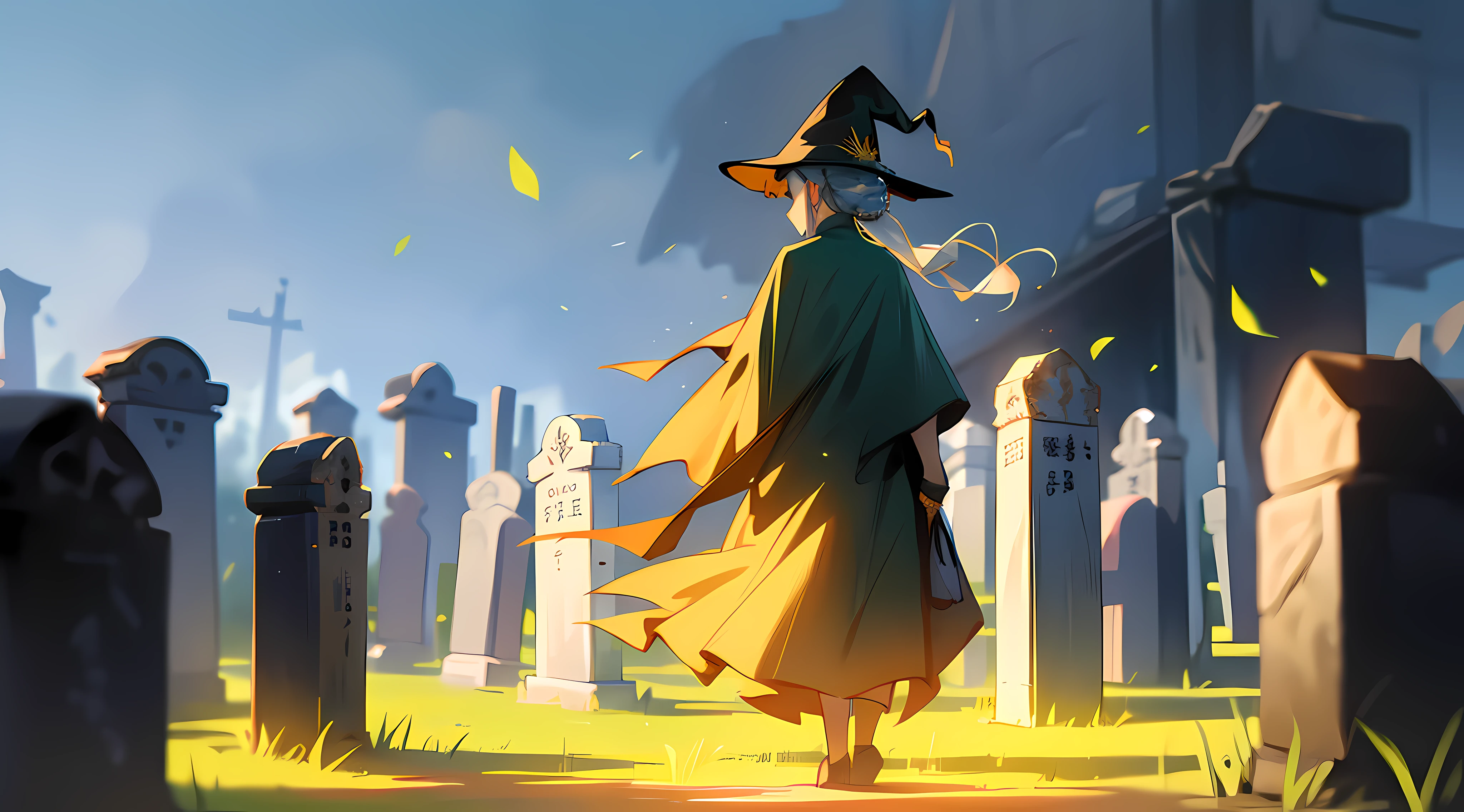 (tmasterpiece,Need,4k),The witch stands in front of two tombstones,green robe(Smooth fiber texture),Black witch hat,One guy(elderly woman),Helpless loneliness,Back Shadow,Flowing skirt,Back,Sad,Silence,Divine Light,Brutal,Broken,Gorgeous light and shadow,hair-bun(Coiled hair),silber hair, Illustration style, Art gallery,Cartoony,Soft light,Love, Romantic, Blue,1girl,Background with,iintricate,golden colored,A cemetery shrouded in fog,超细节的