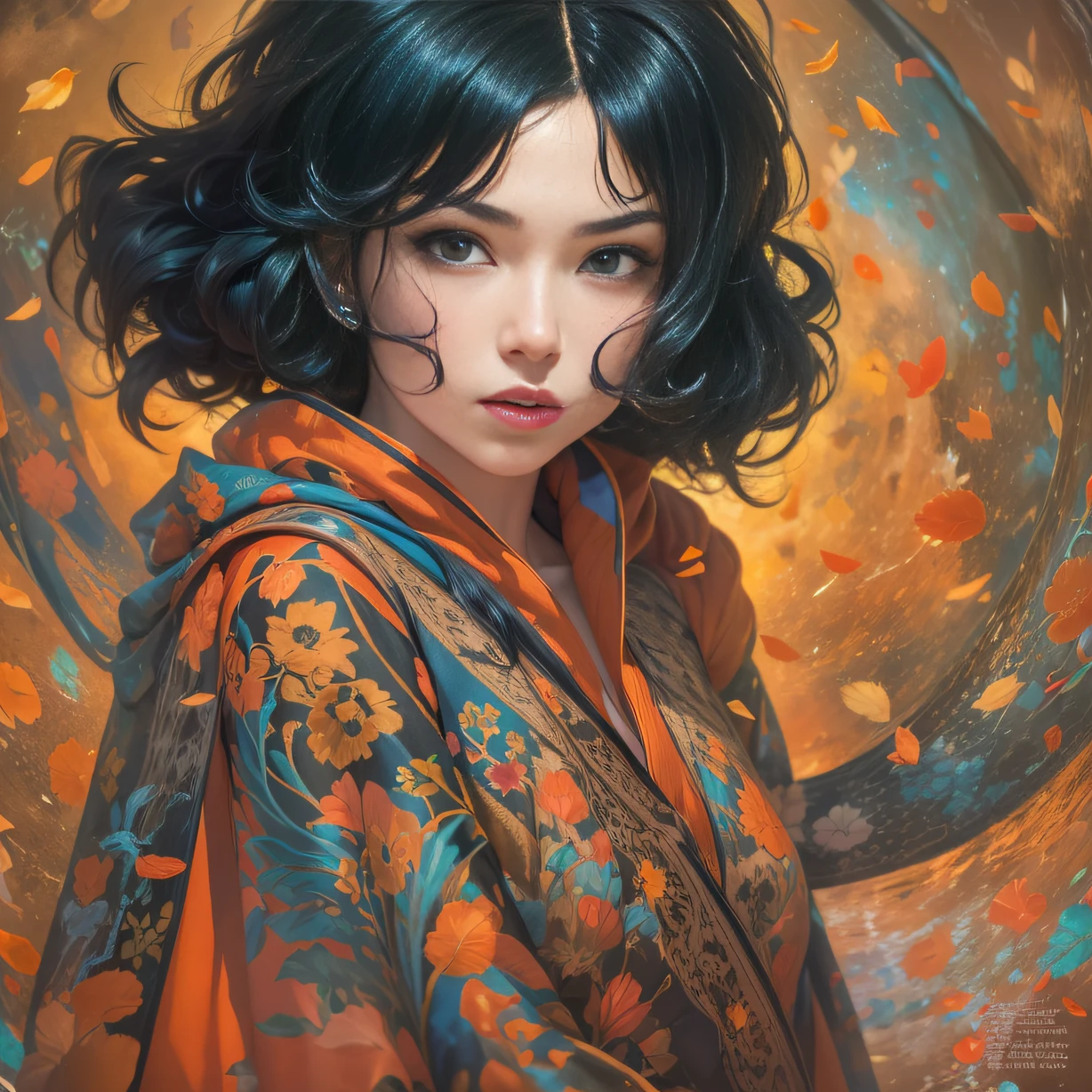 (Girl with bright black hair)(Best quality, A high resolution, Vivid colors, (Cartoon Goddess), (comic strip))Forged hammer pattern,belly-bar,oguchi,Flowing linen cape,sedate,massiness,Shiny and warm