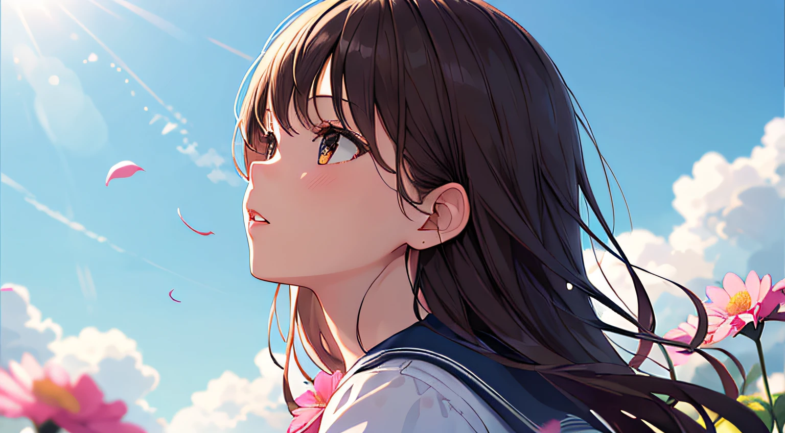 (masterpiece, best quality),1girl, solo, flower, long hair, outdoors, letterboxed, school uniform, day, sky, looking up, short sleeves, parted lips, shirt, cloud, black hair, sunlight, white shirt, serafuku, upper body, from side, pink flower, blurry, brown hair, blue sky, depth of field