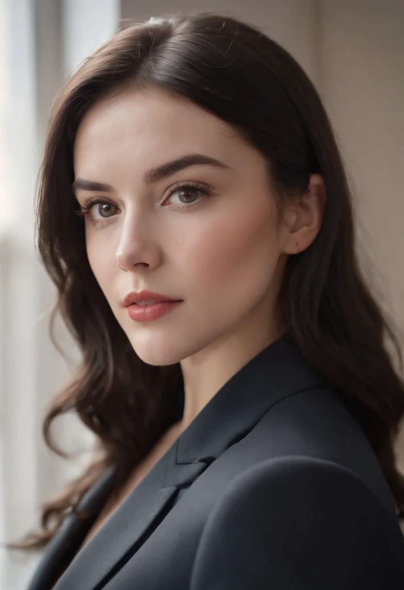 young brunette woman dressed in a tailor's suit, black hair, similing, light background, in the style of ultrafine detail, high quality photo, 35 mm f/5.6