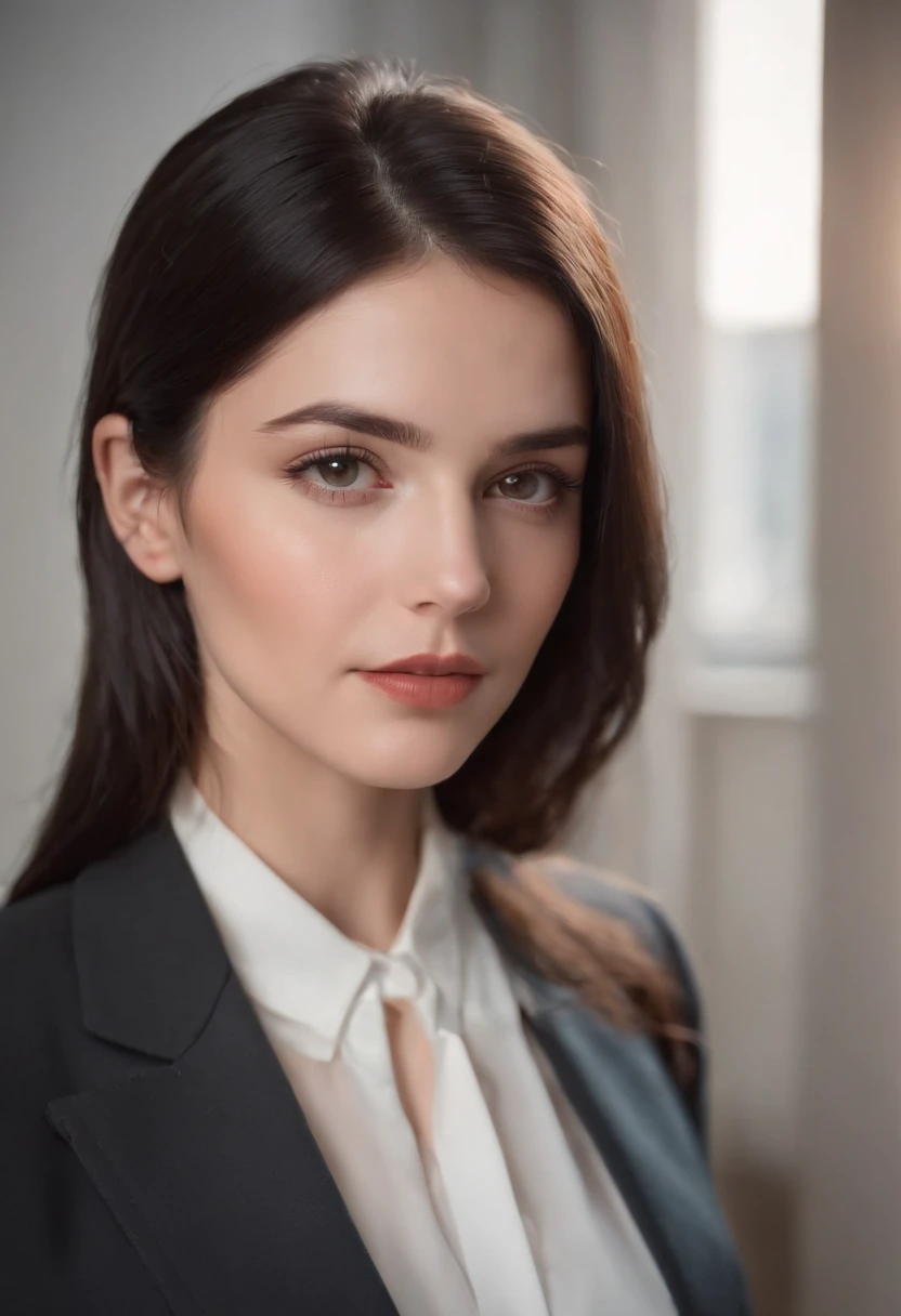 young brunette woman dressed in a tailor's suit, black hair, similing, light background, in the style of ultrafine detail, high quality photo, 35 mm f/5.6