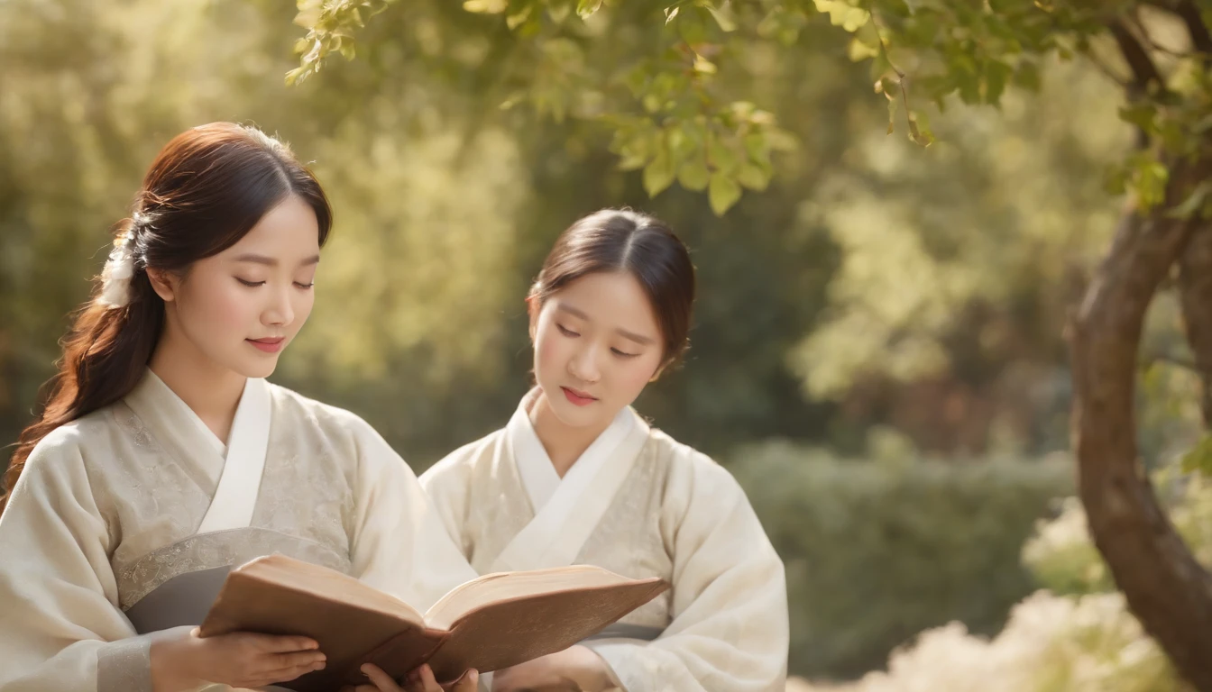 (Best Quality,Ultra-detailed,realisitic:1.37),portrait of a,Korean men and women reading the Bible,Oil Painting,Traditional Korean Costume,Peaceful garden scene,Soft sunlight,tranquil expression,wisdom,Bible Quotes,vibrant colours,delicate brushwork,subtle textures,lush greenery,Contemplative atmosphere,Beautiful picture book,Highlighted features:Eyes in focus,gentle smiling,Graceful posture,Sunlight shining through the trees,rays,Quiet surroundings,serene ambiance,A Blessed Moment