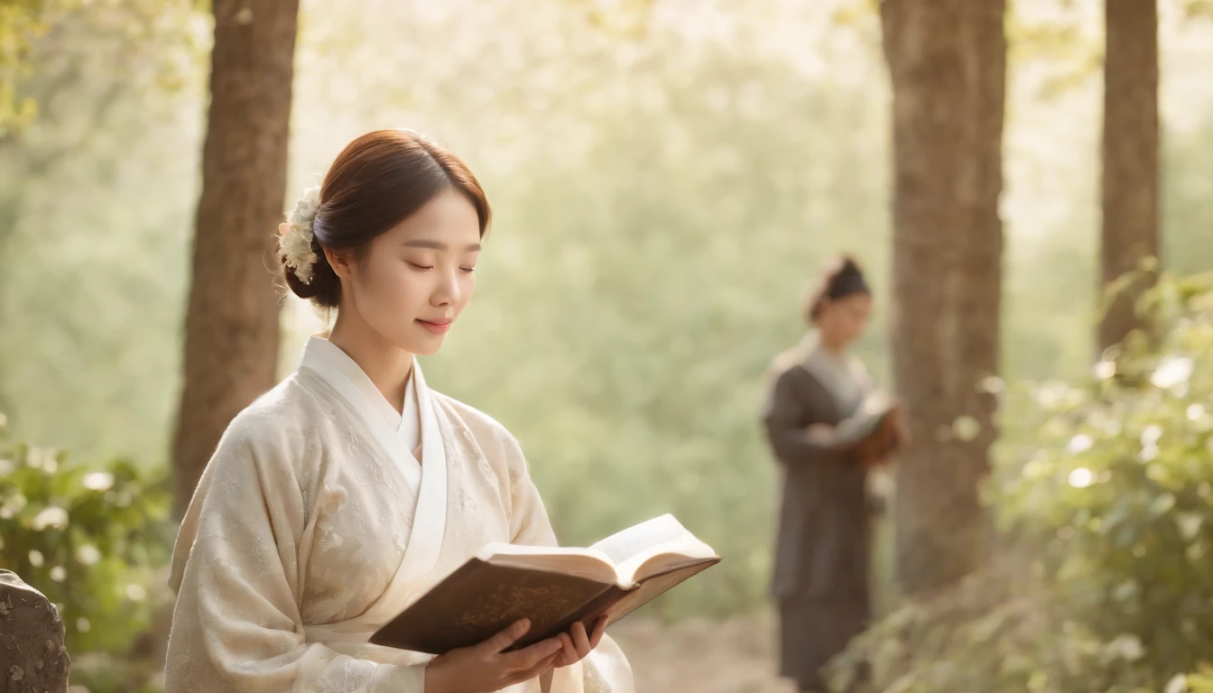 (Best Quality,Ultra-detailed,realisitic:1.37),portrait of a,Korean men and women reading the Bible,Oil Painting,Traditional Korean Costume,Peaceful garden scene,Soft sunlight,tranquil expression,wisdom,Bible Quotes,vibrant colours,delicate brushwork,subtle textures,lush greenery,Contemplative atmosphere,Beautiful picture book,Highlighted features:Eyes in focus,gentle smiling,Graceful posture,Sunlight shining through the trees,rays,Quiet surroundings,serene ambiance,A Blessed Moment